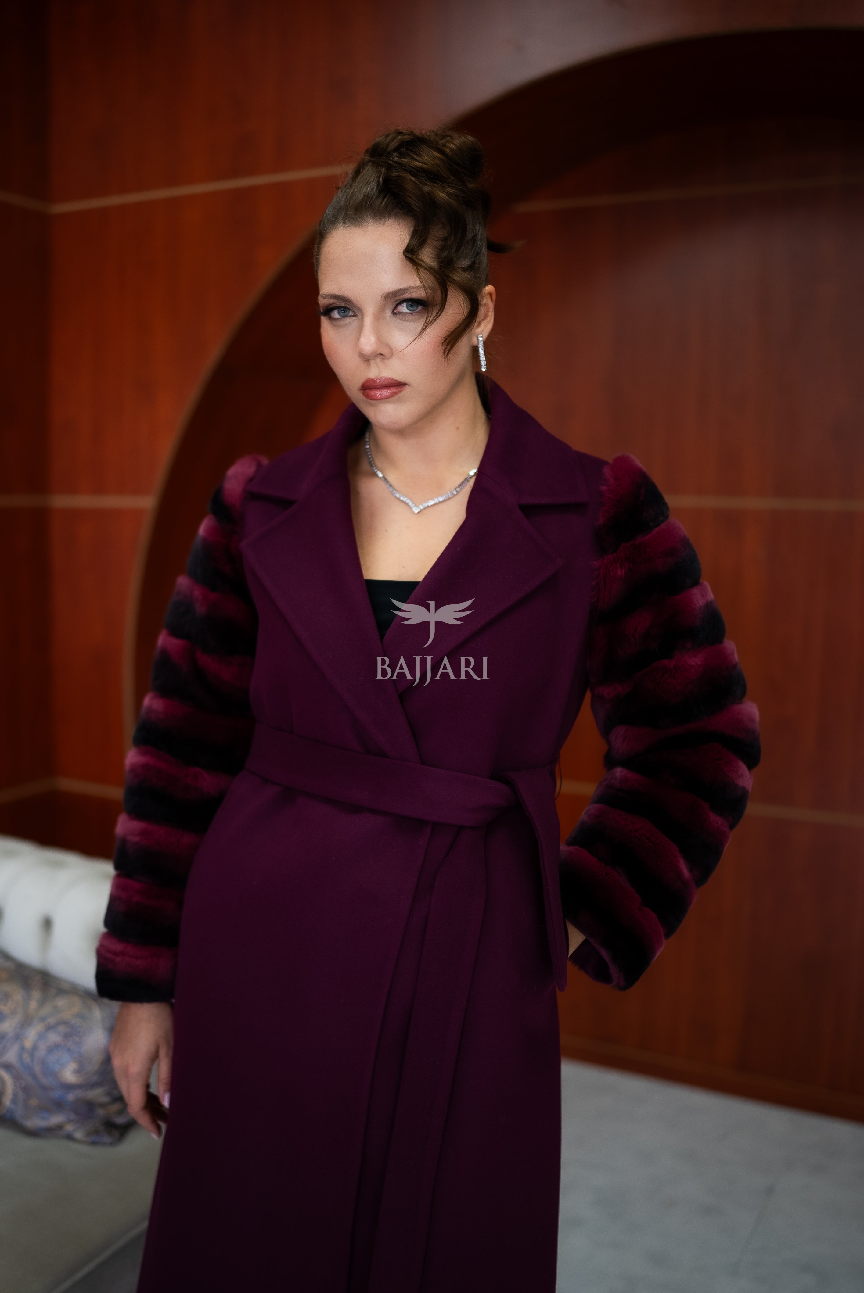 Luxury Alpaca Llama Fabric with Rabbit Fur - Stylish and Elegant Women's Coat with Real Rabbit Fur Trim on the Sleeves -1326-