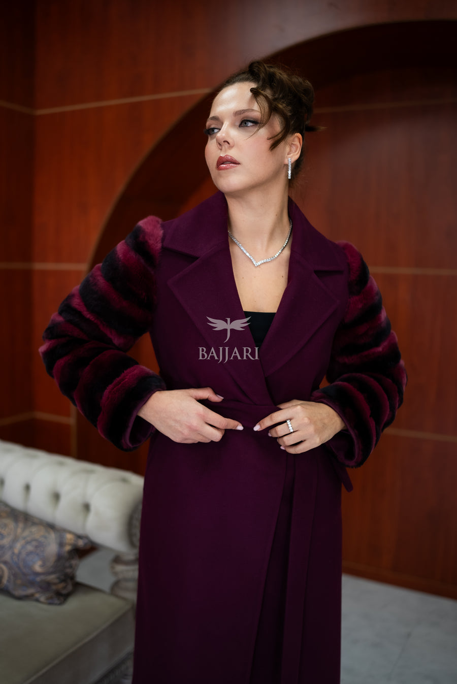 Luxury Alpaca Llama Fabric with Rabbit Fur - Stylish and Elegant Women's Coat with Real Rabbit Fur Trim on the Sleeves -1326-