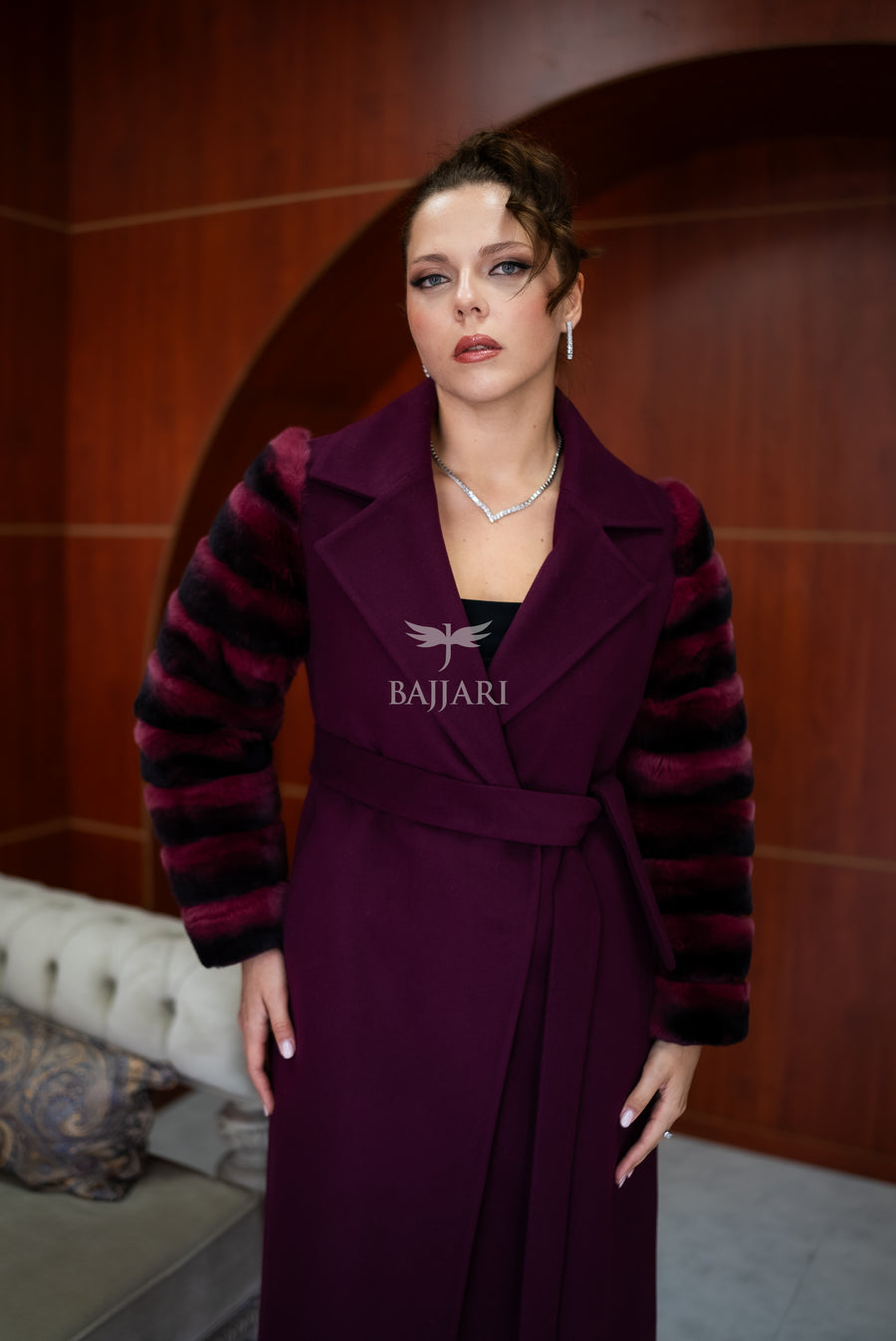 Luxury Alpaca Llama Fabric with Rabbit Fur - Stylish and Elegant Women's Coat with Real Rabbit Fur Trim on the Sleeves -1326-