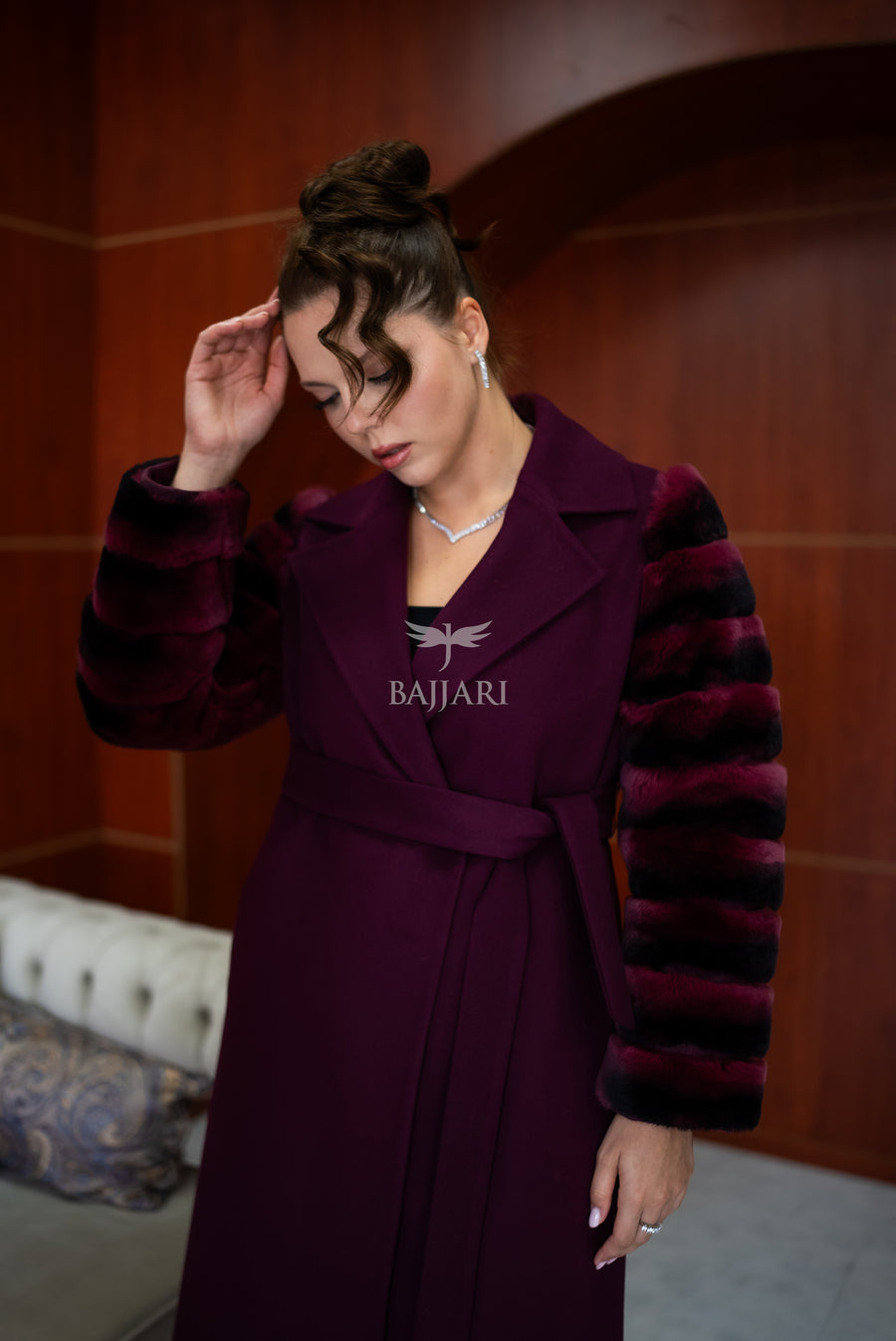 Luxury Alpaca Llama Fabric with Rabbit Fur - Stylish and Elegant Women's Coat with Real Rabbit Fur Trim on the Sleeves -1326-