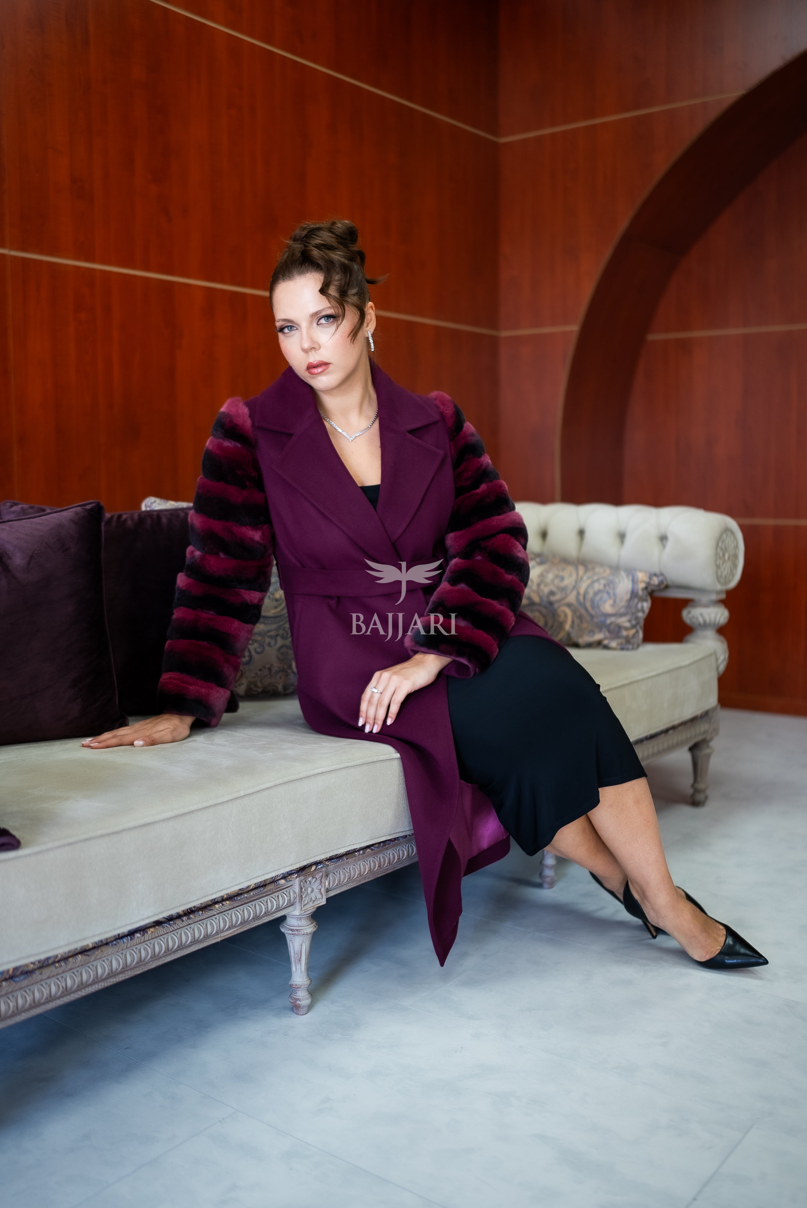 Luxury Alpaca Llama Fabric with Rabbit Fur - Stylish and Elegant Women's Coat with Real Rabbit Fur Trim on the Sleeves -1326-