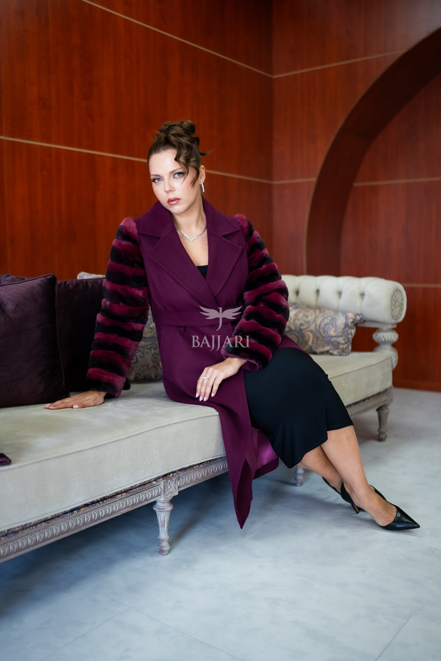 Luxury Alpaca Llama Fabric with Rabbit Fur - Stylish and Elegant Women's Coat with Real Rabbit Fur Trim on the Sleeves -1326-