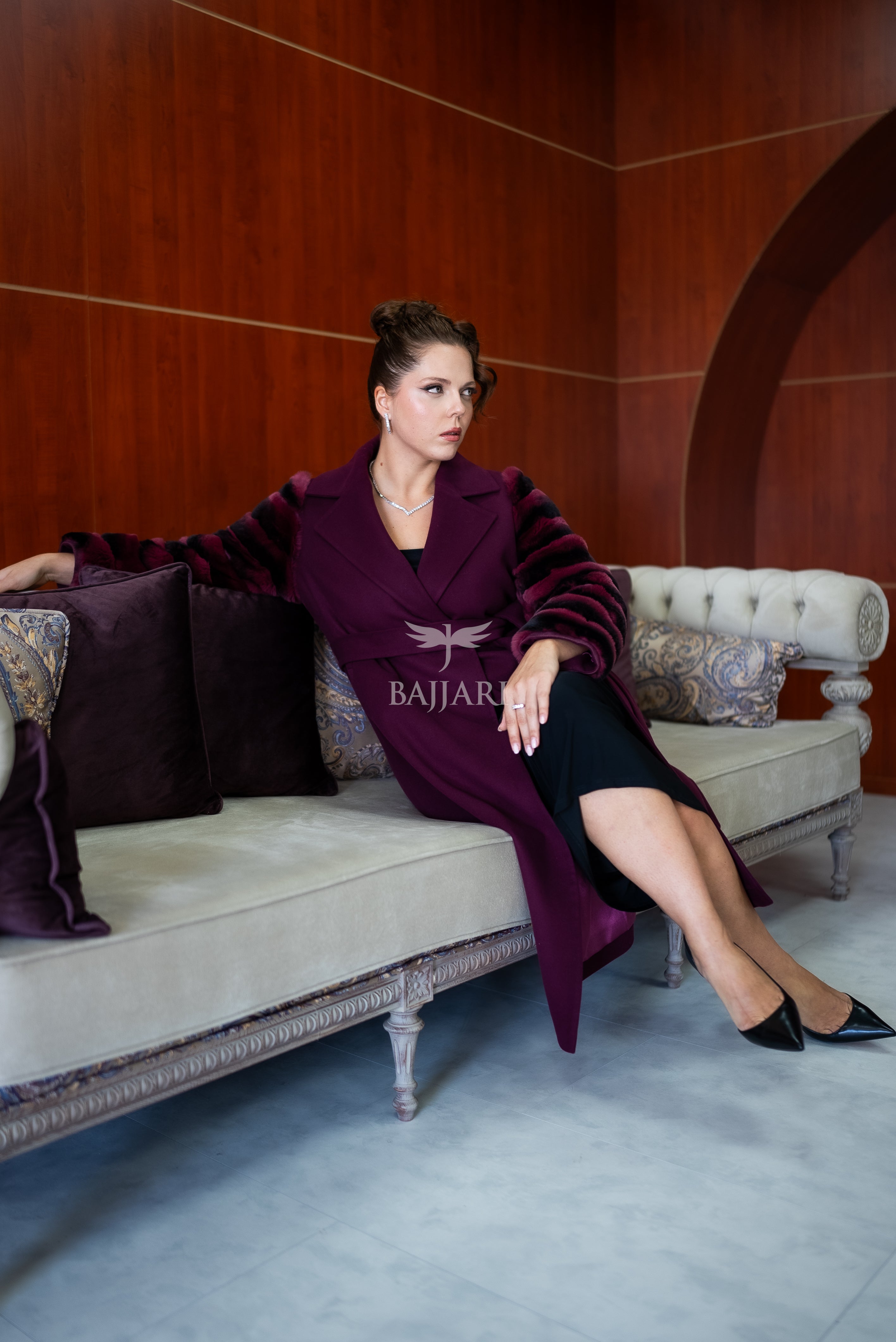 Luxury Alpaca Llama Fabric with Rabbit Fur - Stylish and Elegant Women's Coat with Real Rabbit Fur Trim on the Sleeves -1326-