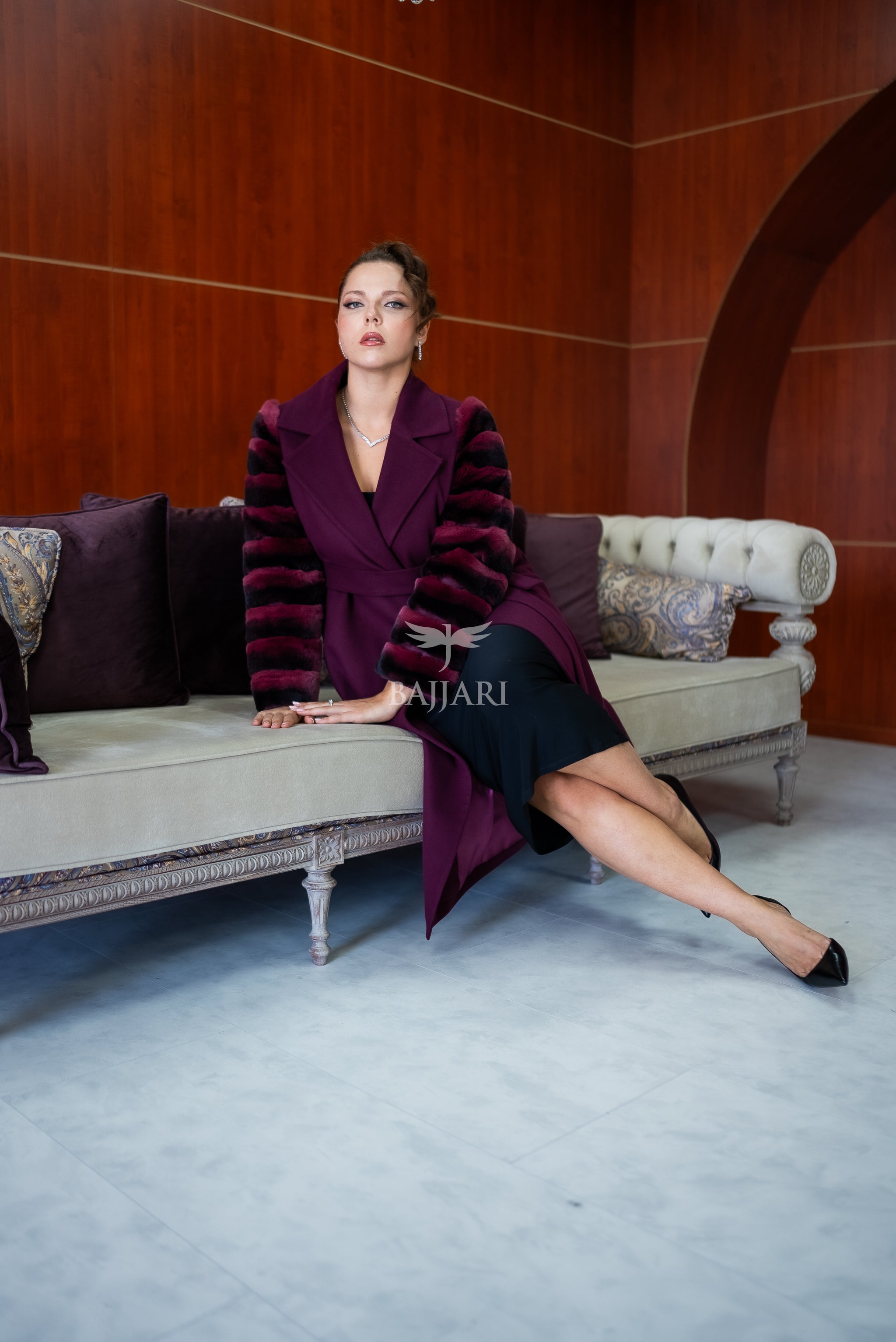 Luxury Alpaca Llama Fabric with Rabbit Fur - Stylish and Elegant Women's Coat with Real Rabbit Fur Trim on the Sleeves -1326-