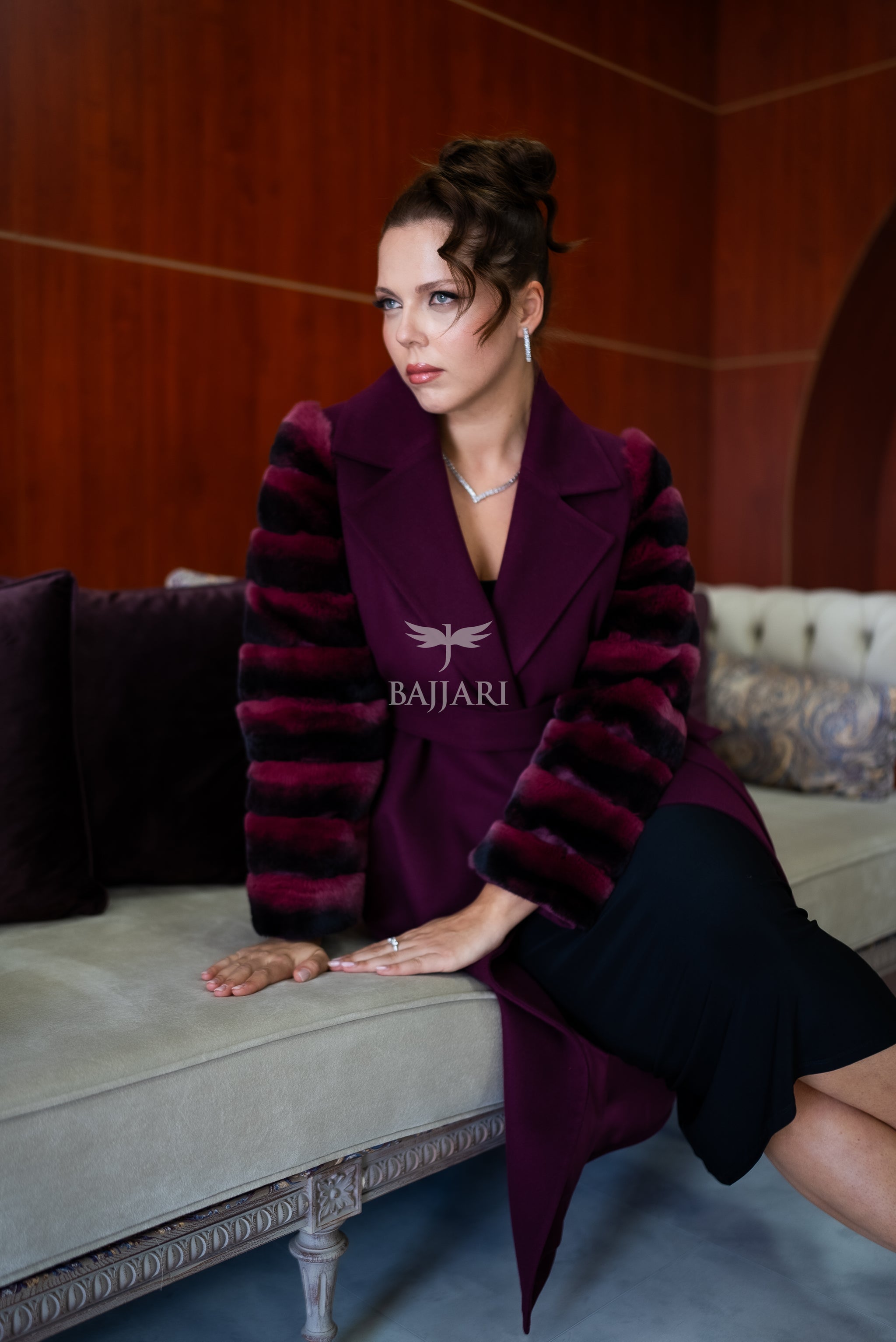Luxury Alpaca Llama Fabric with Rabbit Fur - Stylish and Elegant Women's Coat with Real Rabbit Fur Trim on the Sleeves -1326-