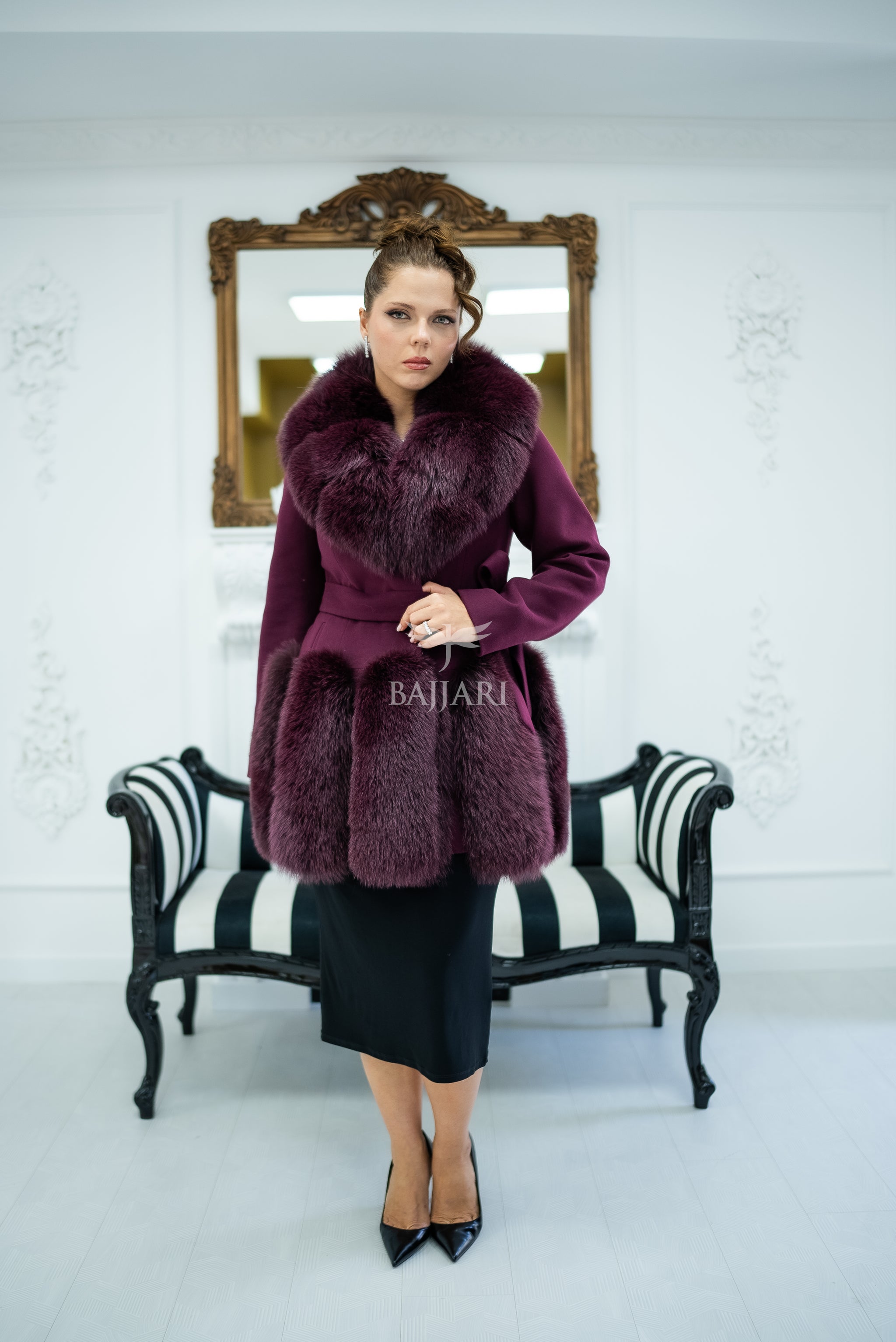 Women's Coat Offering the Elegance of Luxurious Alpaca Fabric with Fox Fur Collar and Fox Fur Trim Details on the Hem -1293-