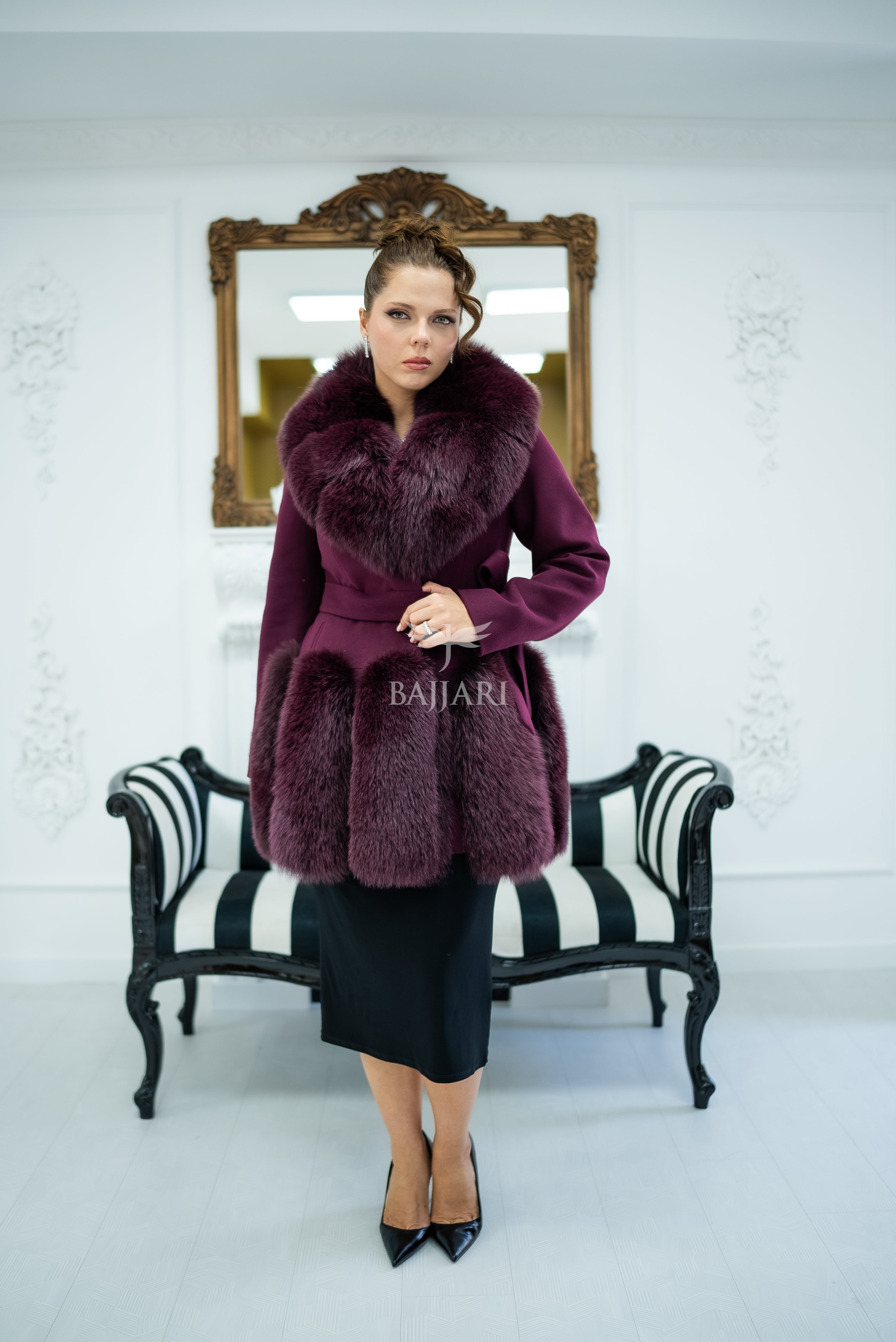 Women's Coat Offering the Elegance of Luxurious Alpaca Fabric with Fox Fur Collar and Fox Fur Trim Details on the Hem -1293-