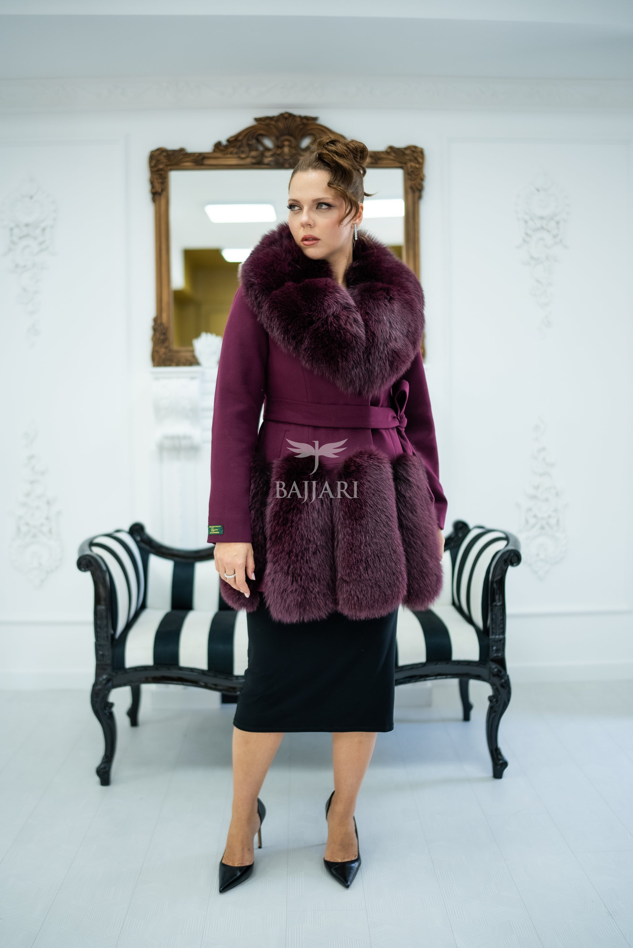 Women's Coat Offering the Elegance of Luxurious Alpaca Fabric with Fox Fur Collar and Fox Fur Trim Details on the Hem -1293-