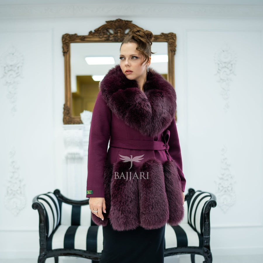 Women's Coat Offering the Elegance of Luxurious Alpaca Fabric with Fox Fur Collar and Fox Fur Trim Details on the Hem -1293-