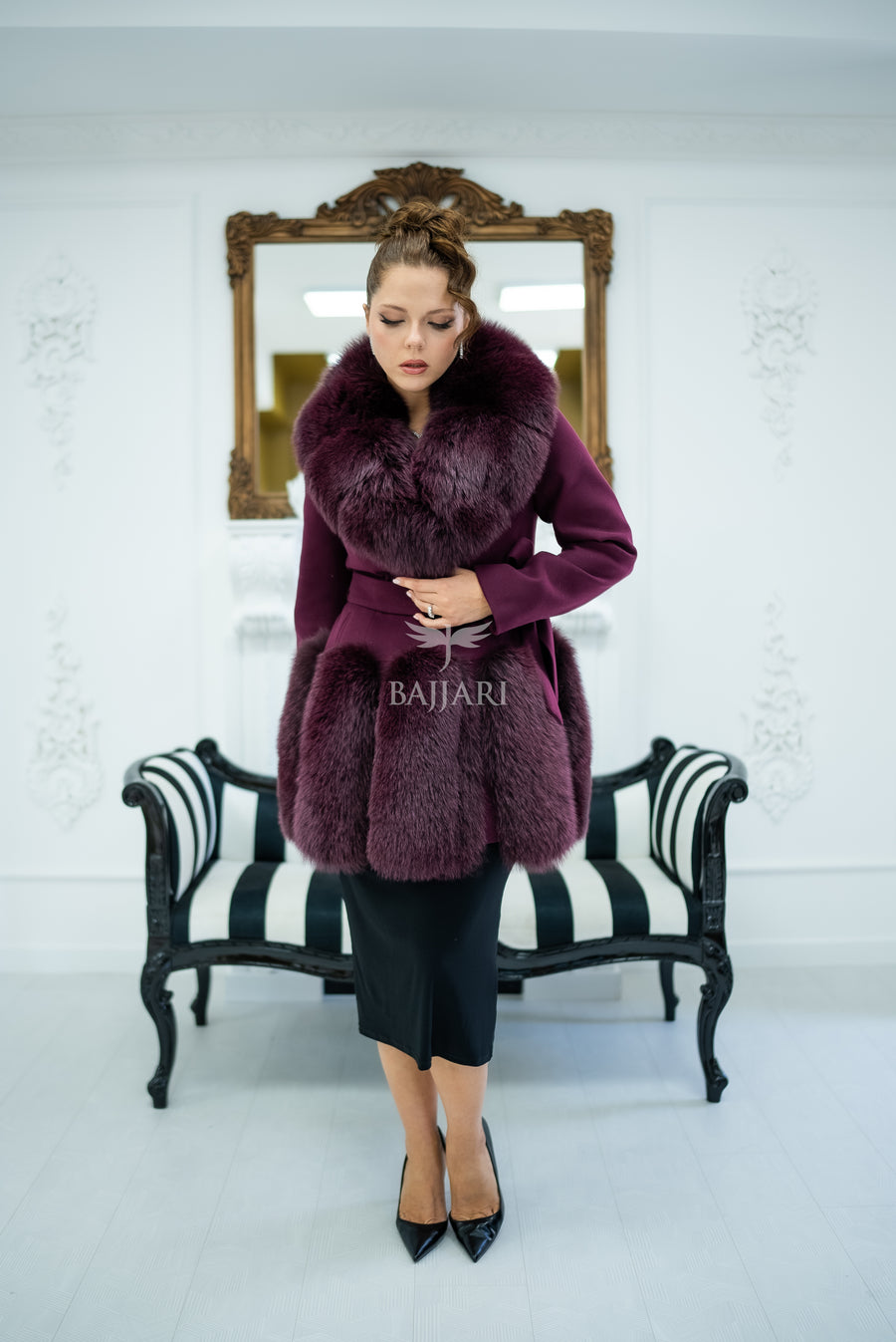 Women's Coat Offering the Elegance of Luxurious Alpaca Fabric with Fox Fur Collar and Fox Fur Trim Details on the Hem -1293-