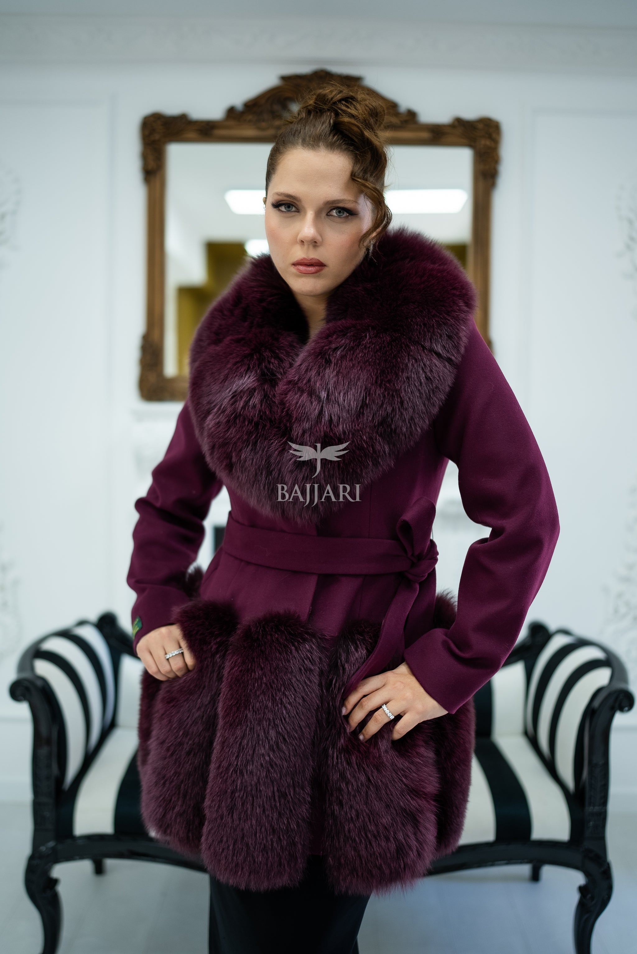 Women's Coat Offering the Elegance of Luxurious Alpaca Fabric with Fox Fur Collar and Fox Fur Trim Details on the Hem -1293-