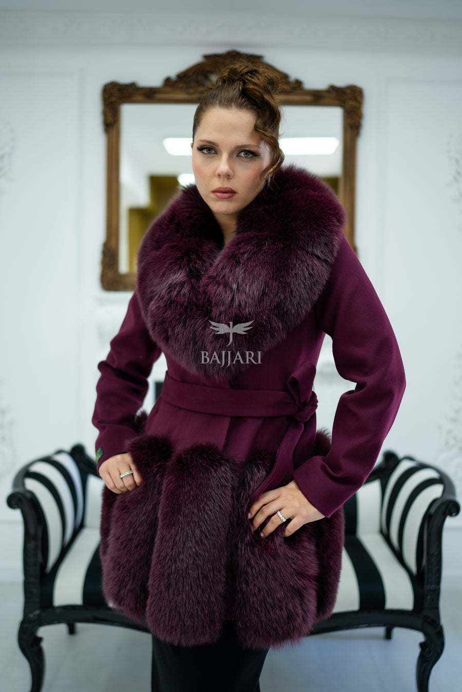 Women's Coat Offering the Elegance of Luxurious Alpaca Fabric with Fox Fur Collar and Fox Fur Trim Details on the Hem -1293-