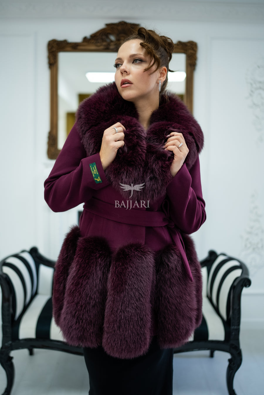 Women's Coat Offering the Elegance of Luxurious Alpaca Fabric with Fox Fur Collar and Fox Fur Trim Details on the Hem -1293-