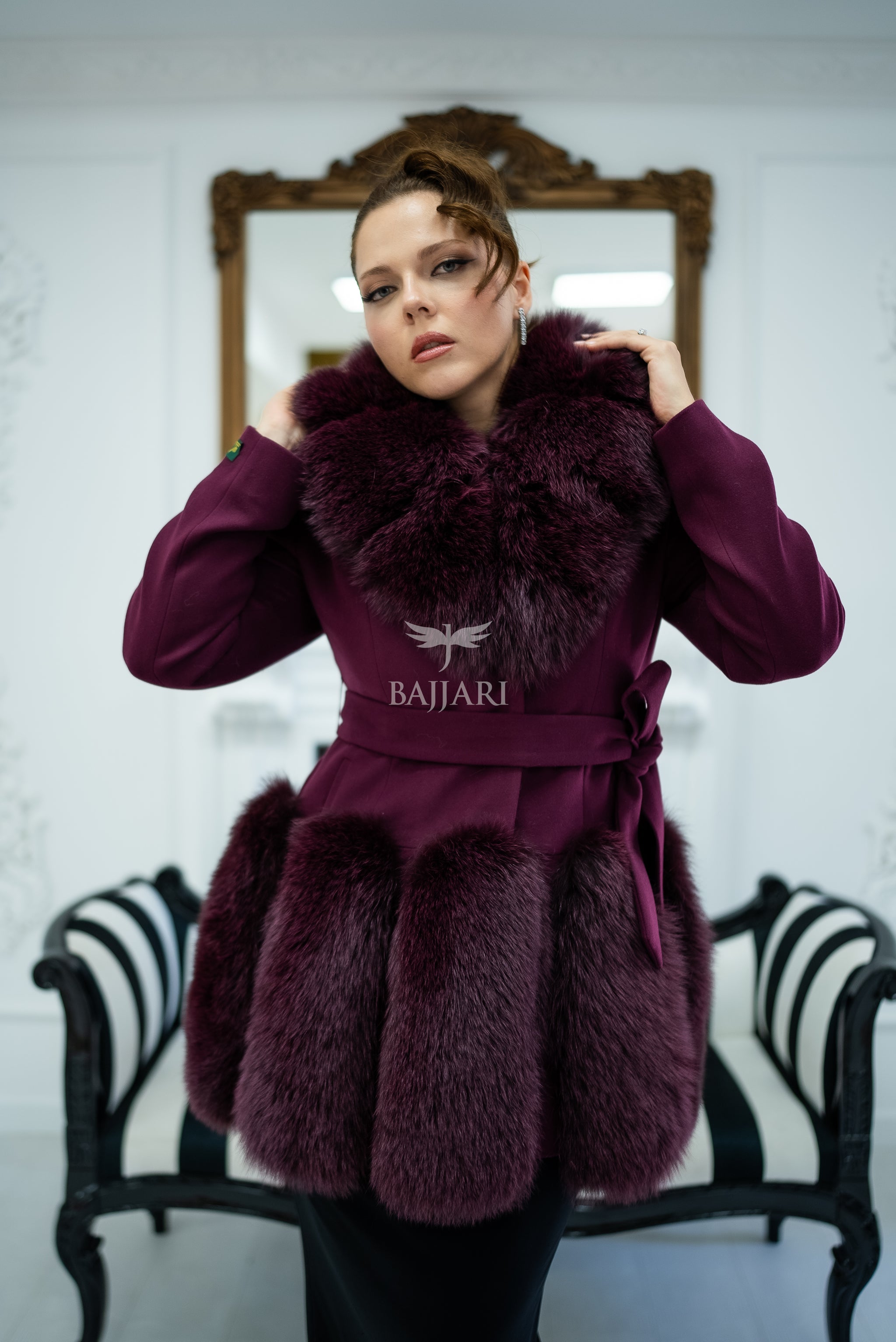 Women's Coat Offering the Elegance of Luxurious Alpaca Fabric with Fox Fur Collar and Fox Fur Trim Details on the Hem -1293-
