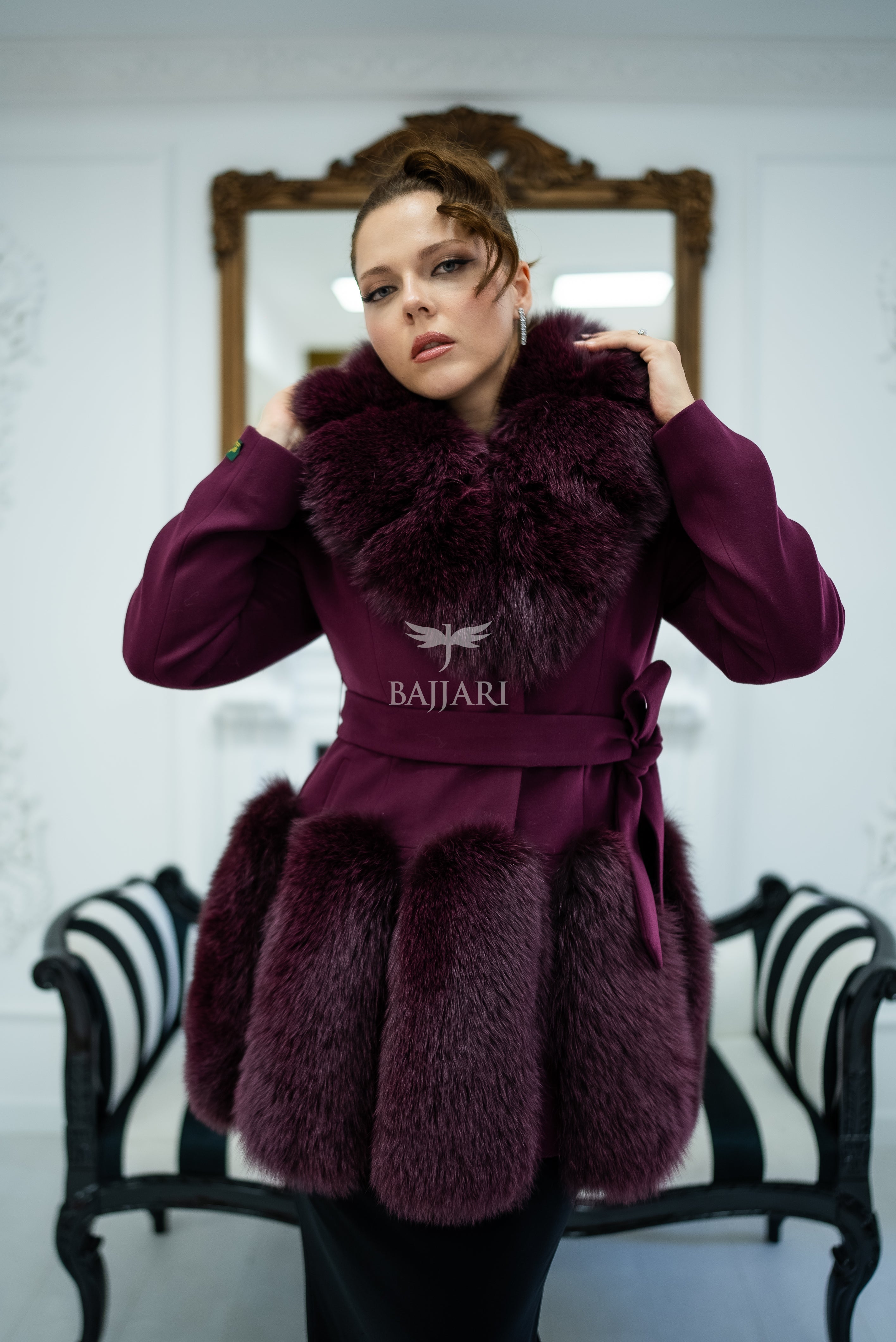 Women's Coat Offering the Elegance of Luxurious Alpaca Fabric with Fox Fur Collar and Fox Fur Trim Details on the Hem -1293-