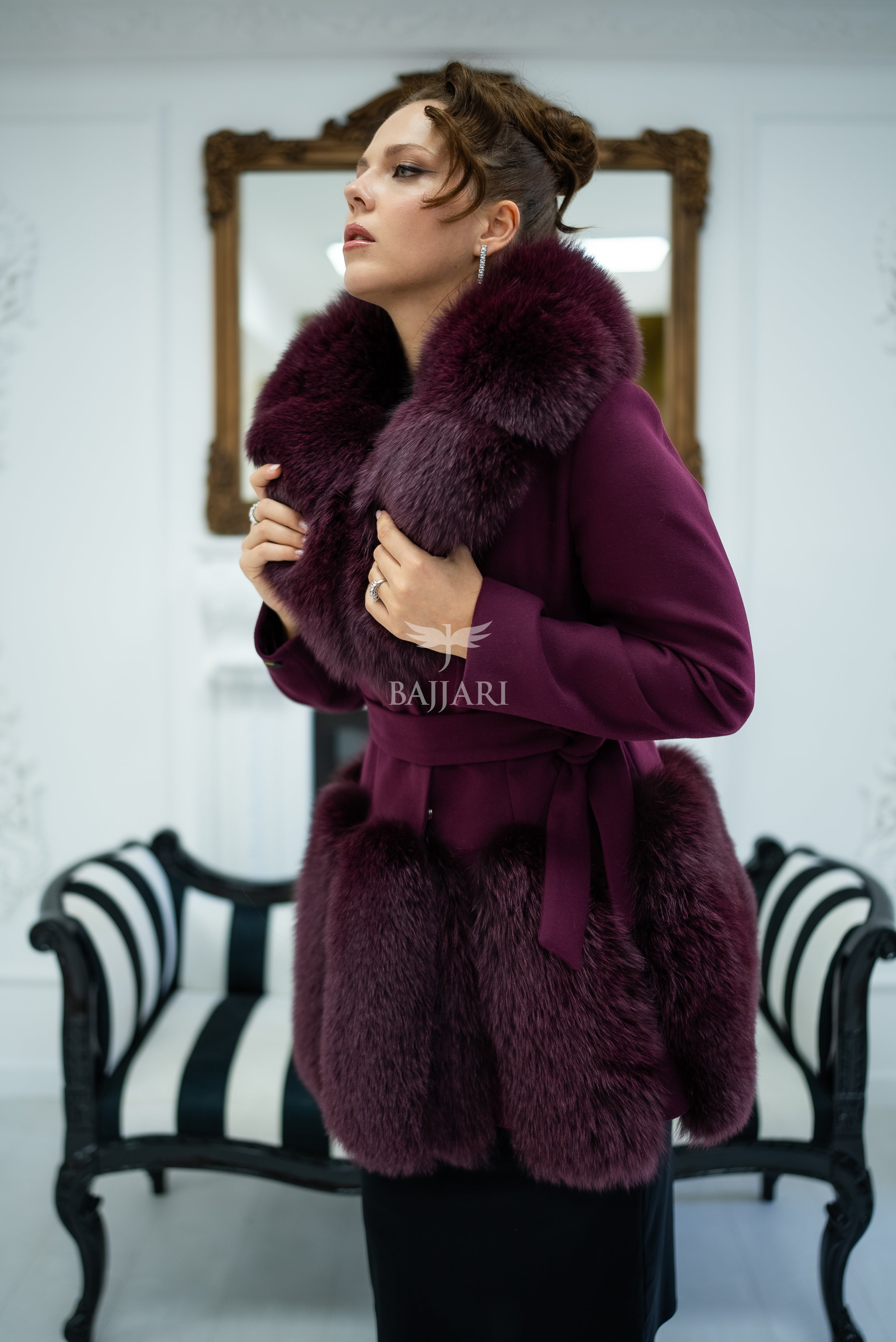 Women's Coat Offering the Elegance of Luxurious Alpaca Fabric with Fox Fur Collar and Fox Fur Trim Details on the Hem -1293-