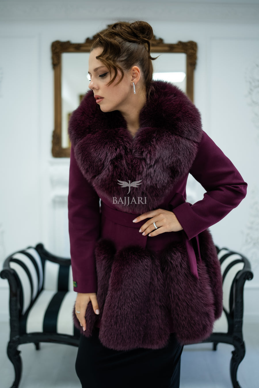 Women's Coat Offering the Elegance of Luxurious Alpaca Fabric with Fox Fur Collar and Fox Fur Trim Details on the Hem -1293-