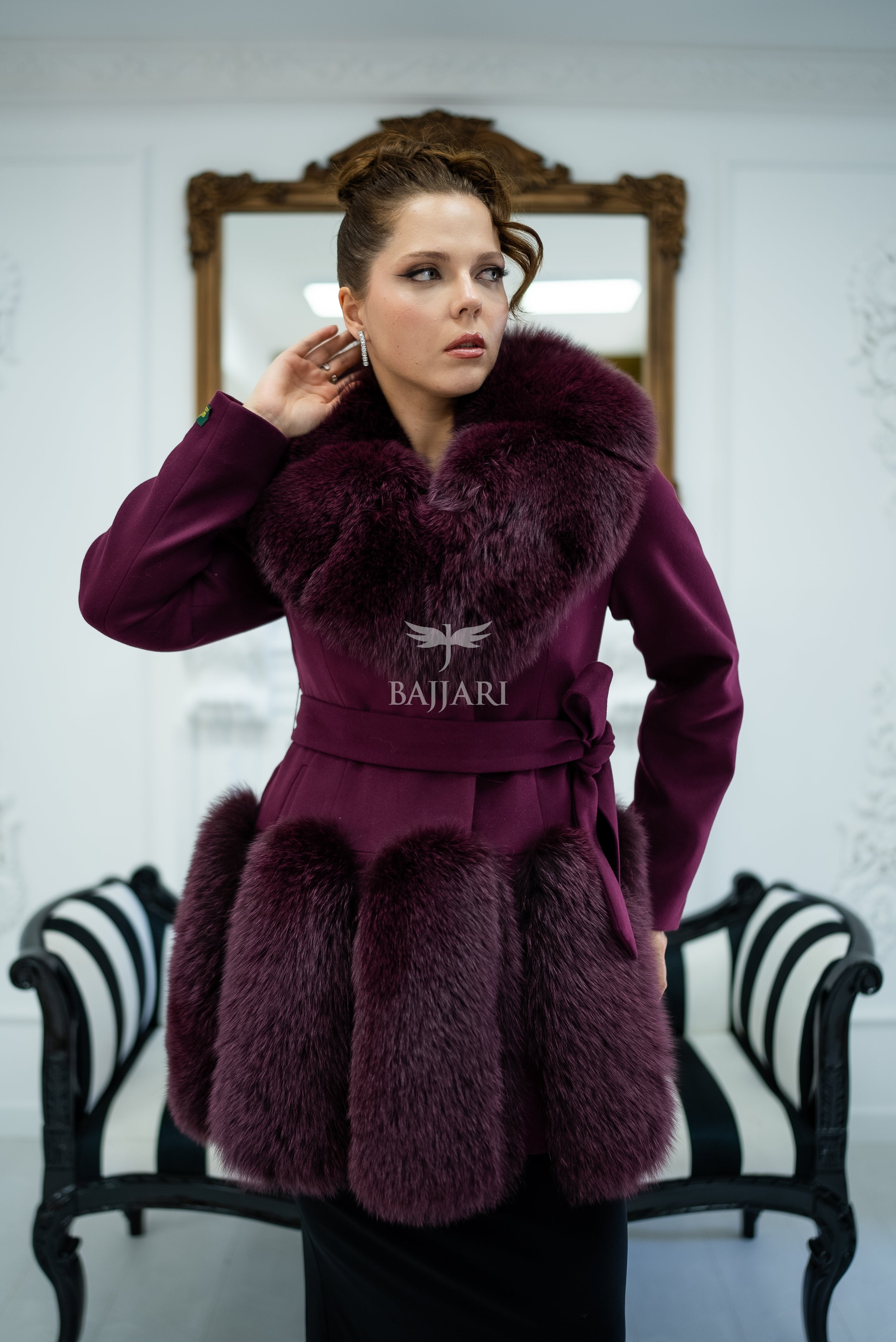 Women's Coat Offering the Elegance of Luxurious Alpaca Fabric with Fox Fur Collar and Fox Fur Trim Details on the Hem -1293-