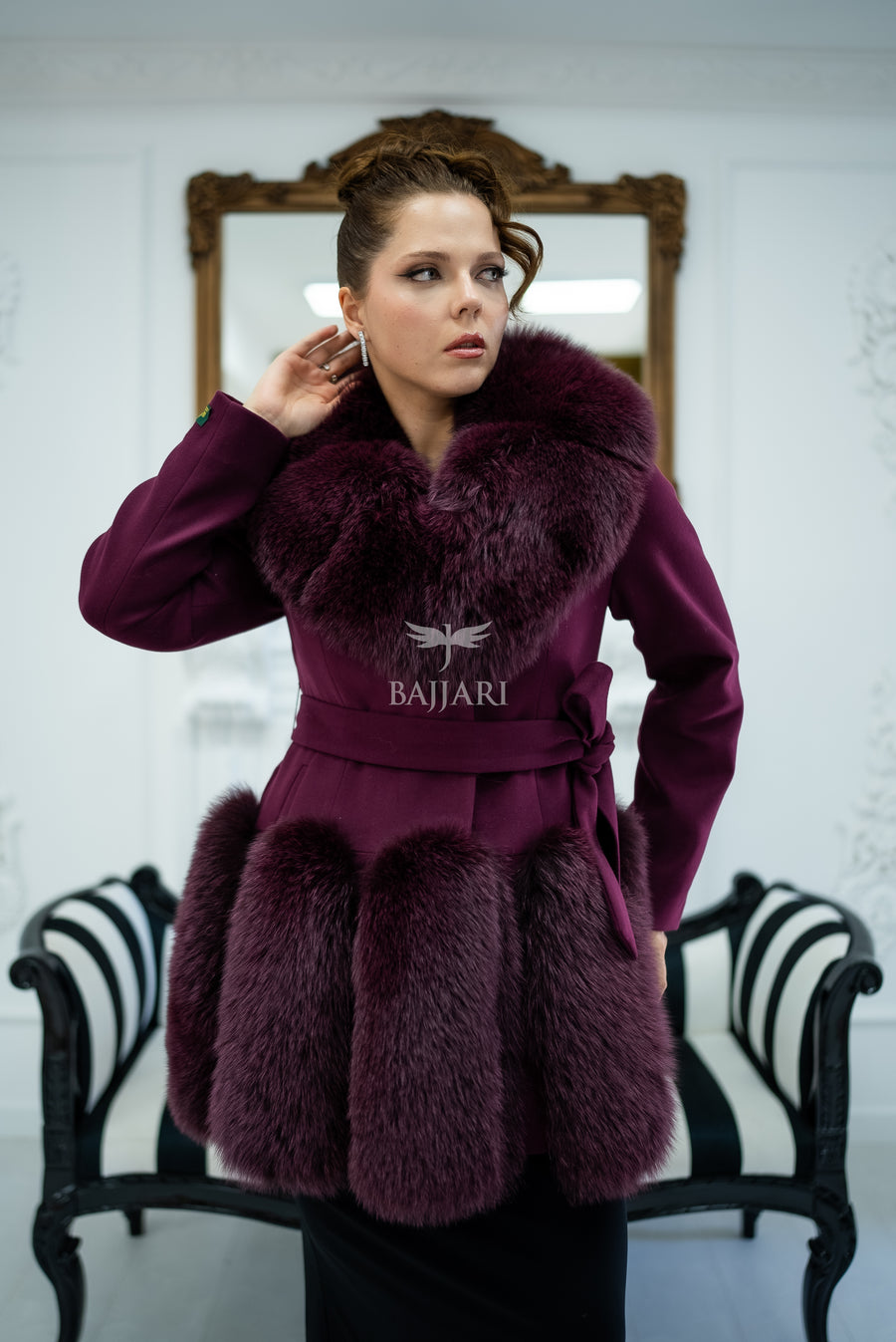 Women's Coat Offering the Elegance of Luxurious Alpaca Fabric with Fox Fur Collar and Fox Fur Trim Details on the Hem -1293-
