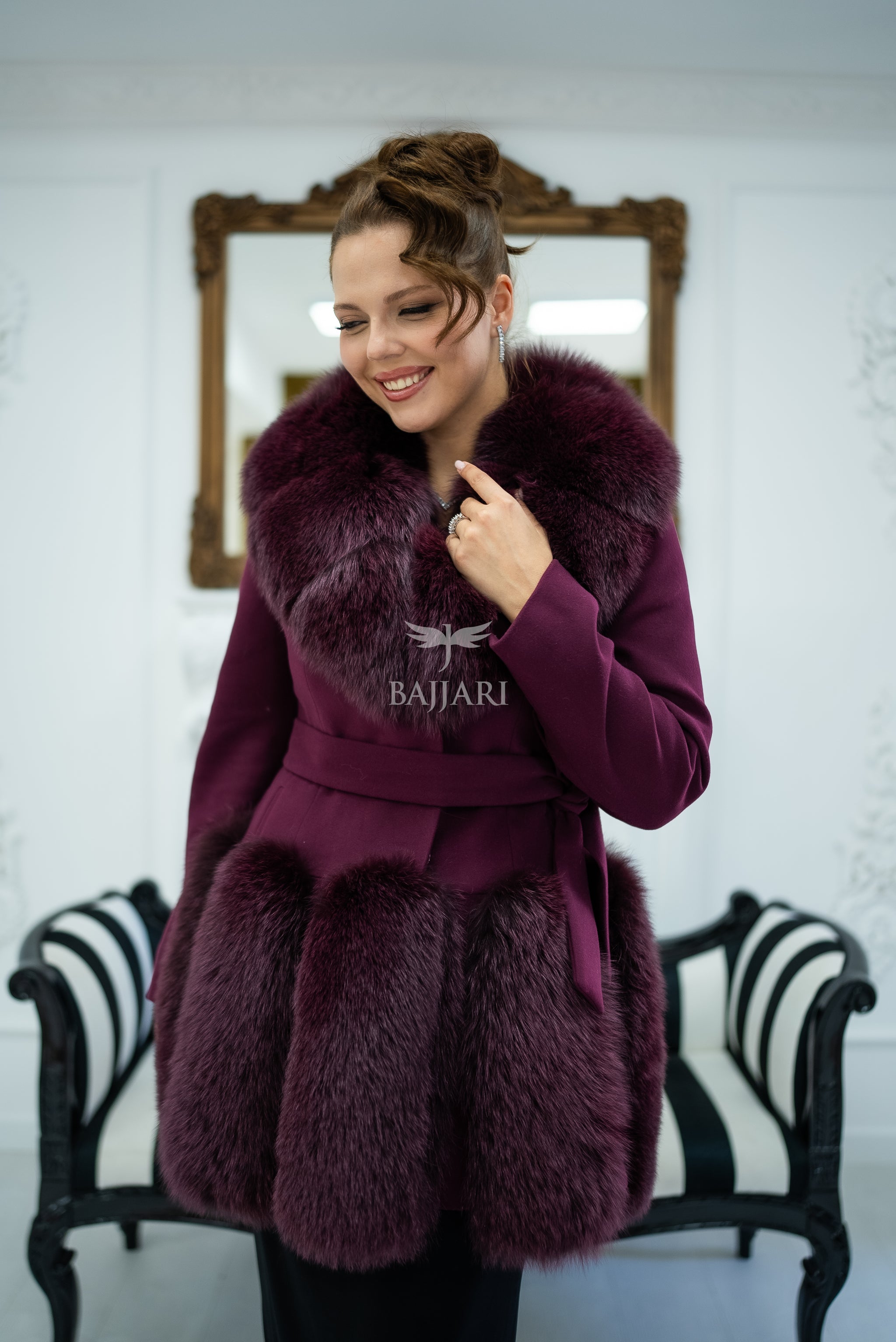 Women's Coat Offering the Elegance of Luxurious Alpaca Fabric with Fox Fur Collar and Fox Fur Trim Details on the Hem -1293-