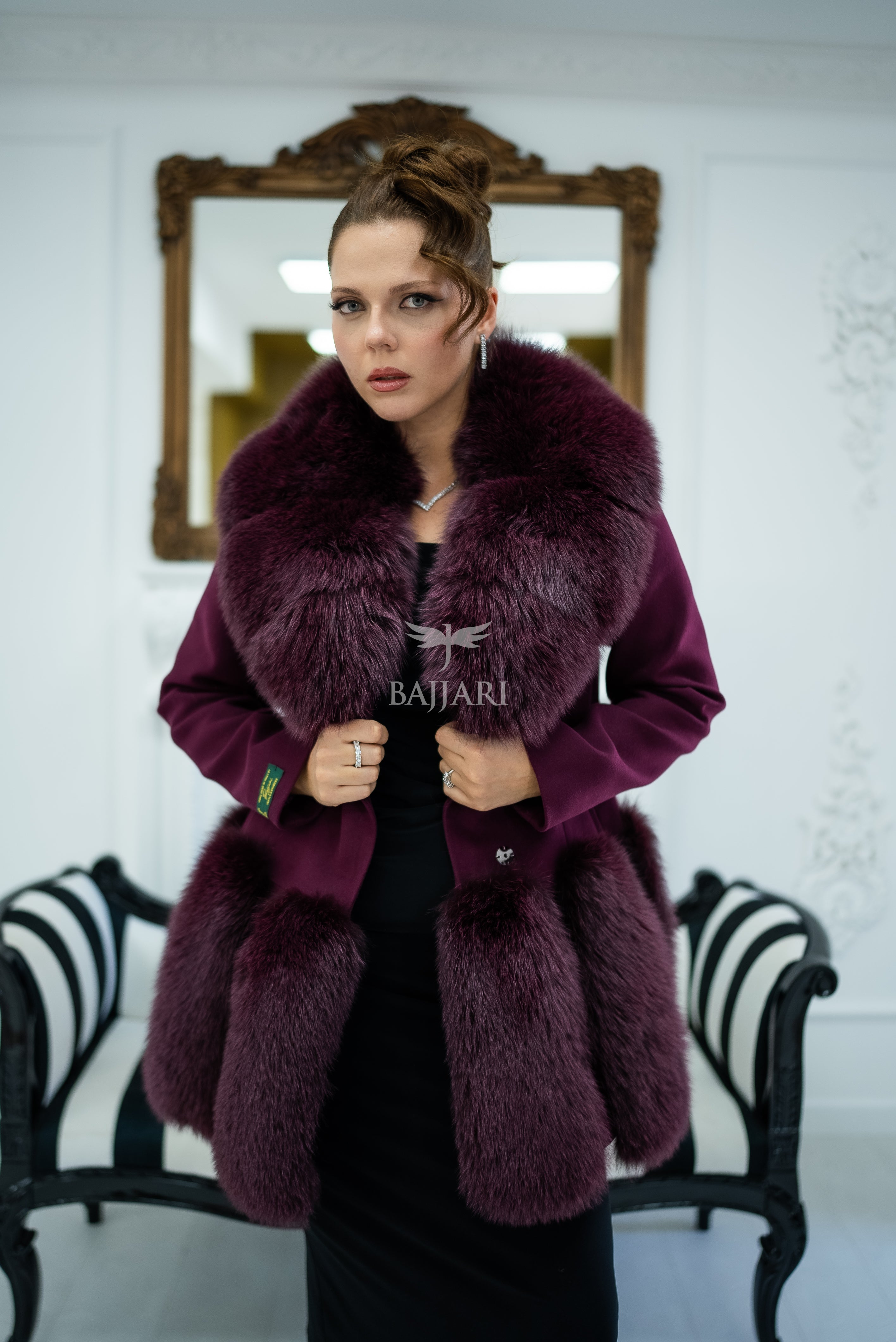Women's Coat Offering the Elegance of Luxurious Alpaca Fabric with Fox Fur Collar and Fox Fur Trim Details on the Hem -1293-