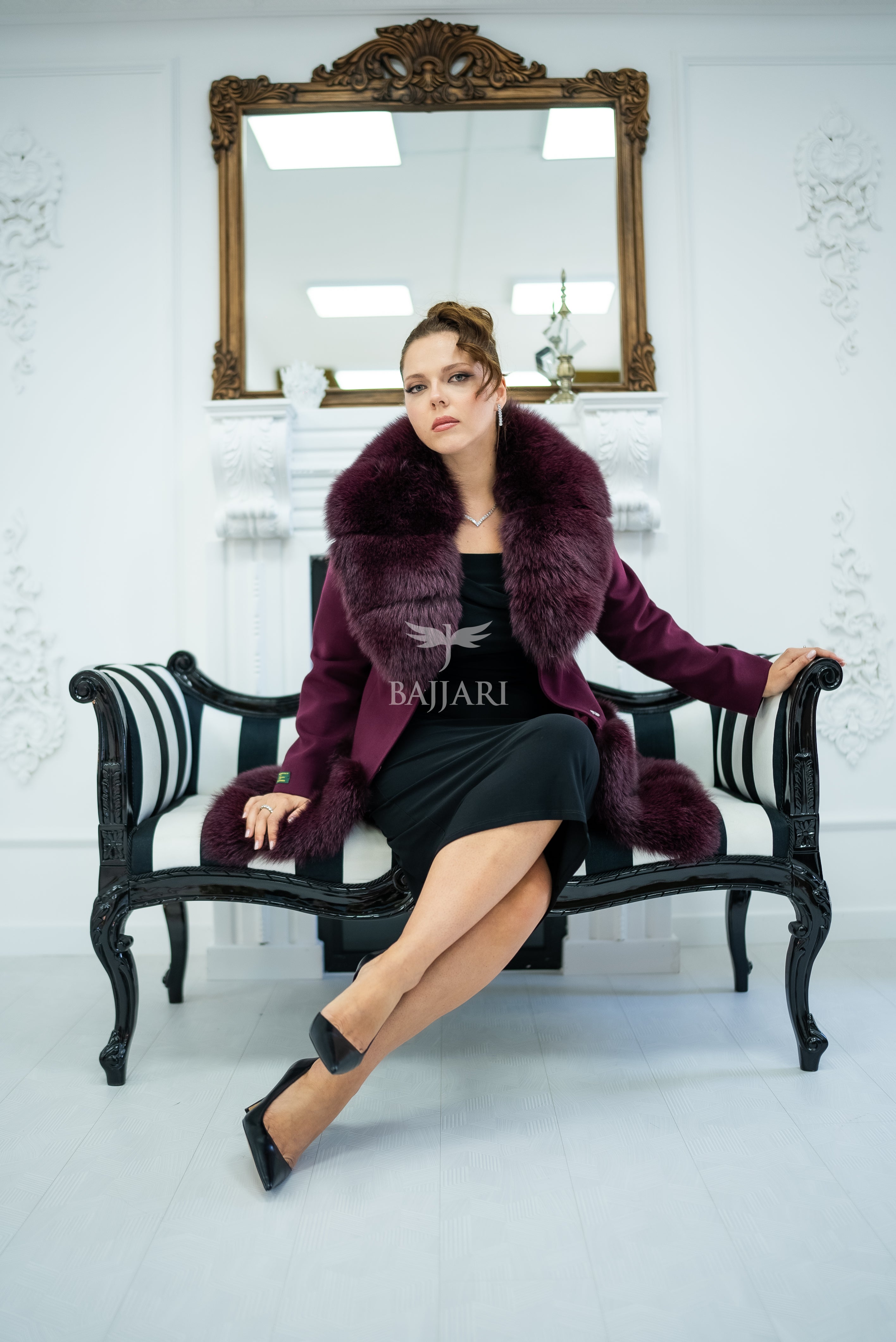 Women's Coat Offering the Elegance of Luxurious Alpaca Fabric with Fox Fur Collar and Fox Fur Trim Details on the Hem -1293-