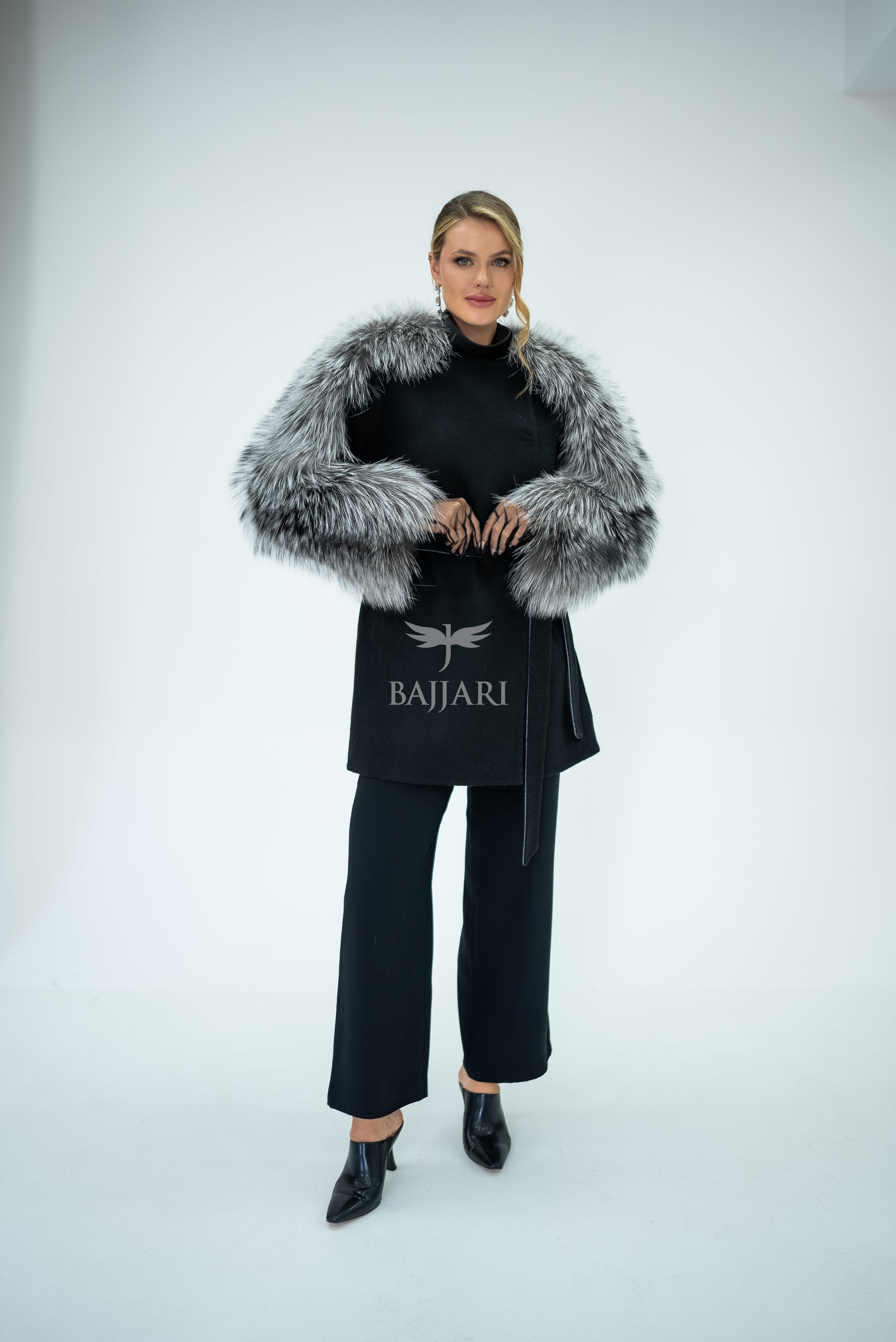Stylish and Assertive Bajjari Design with Alpaca Llama Wool, Frost Fox Fur Shoulder and Sleeve Details -9584-