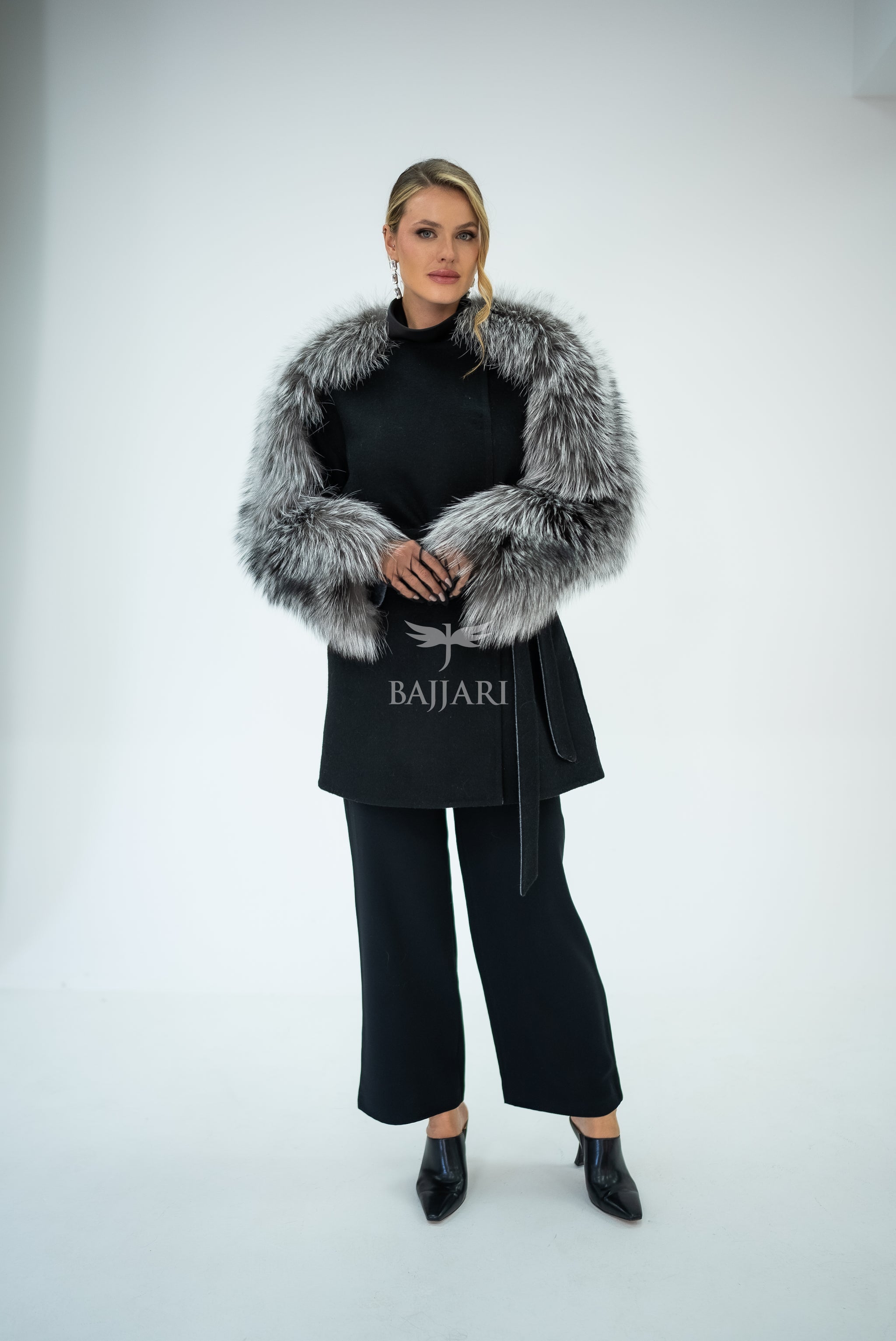Stylish and Assertive Bajjari Design with Alpaca Llama Wool, Frost Fox Fur Shoulder and Sleeve Details -9584-