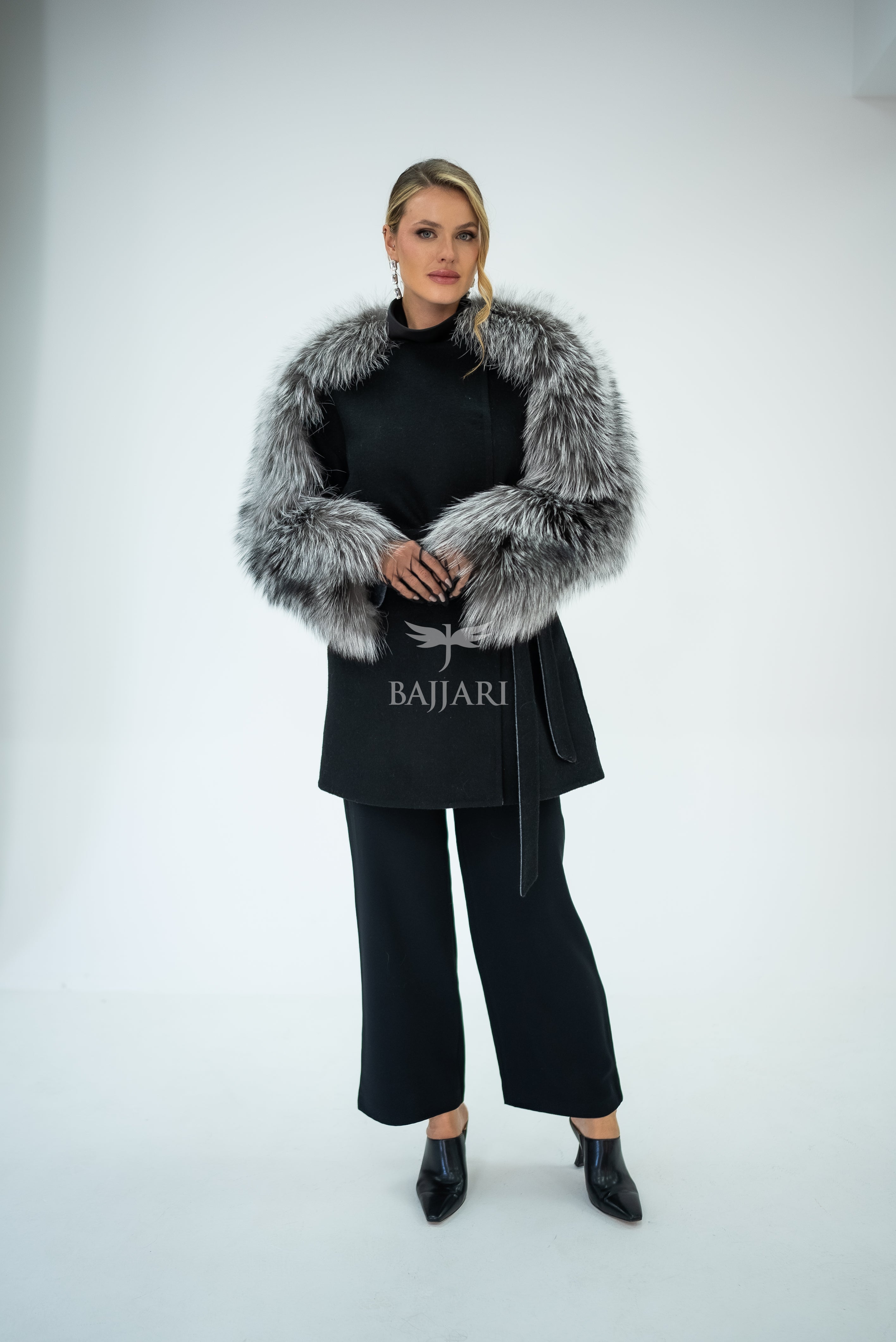 Stylish and Assertive Bajjari Design with Alpaca Llama Wool, Frost Fox Fur Shoulder and Sleeve Details -9584-