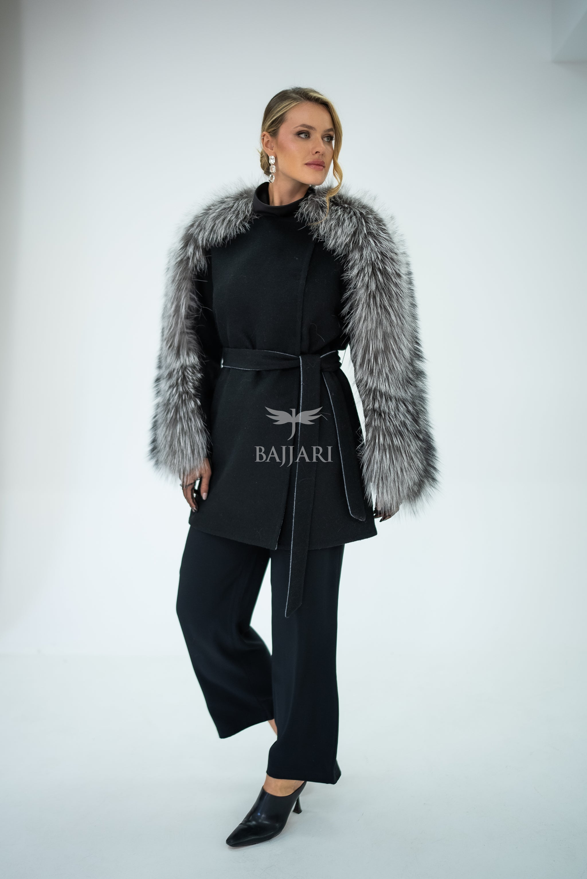 Stylish and Assertive Bajjari Design with Alpaca Llama Wool, Frost Fox Fur Shoulder and Sleeve Details -9584-