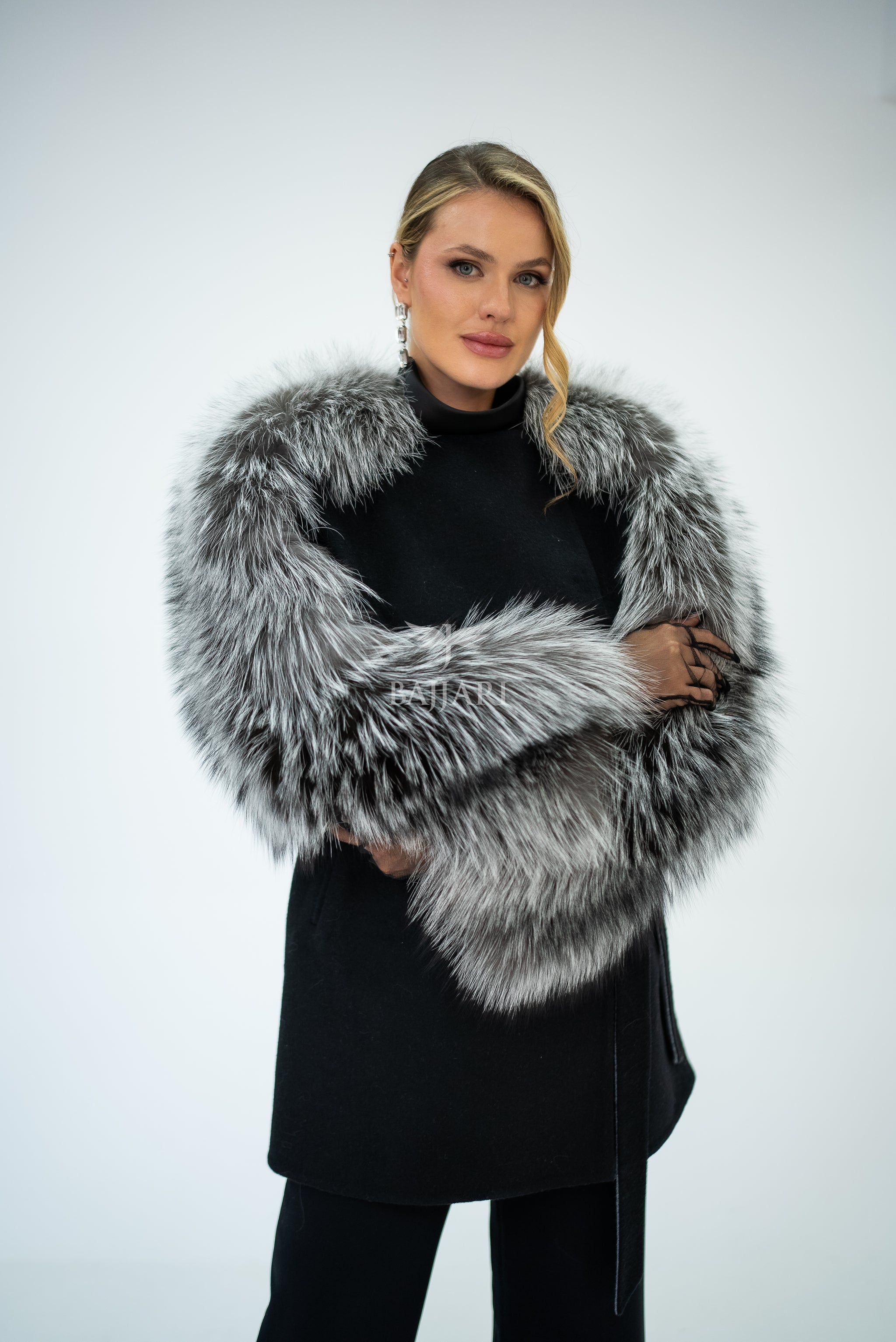 Stylish and Assertive Bajjari Design with Alpaca Llama Wool, Frost Fox Fur Shoulder and Sleeve Details -9584-