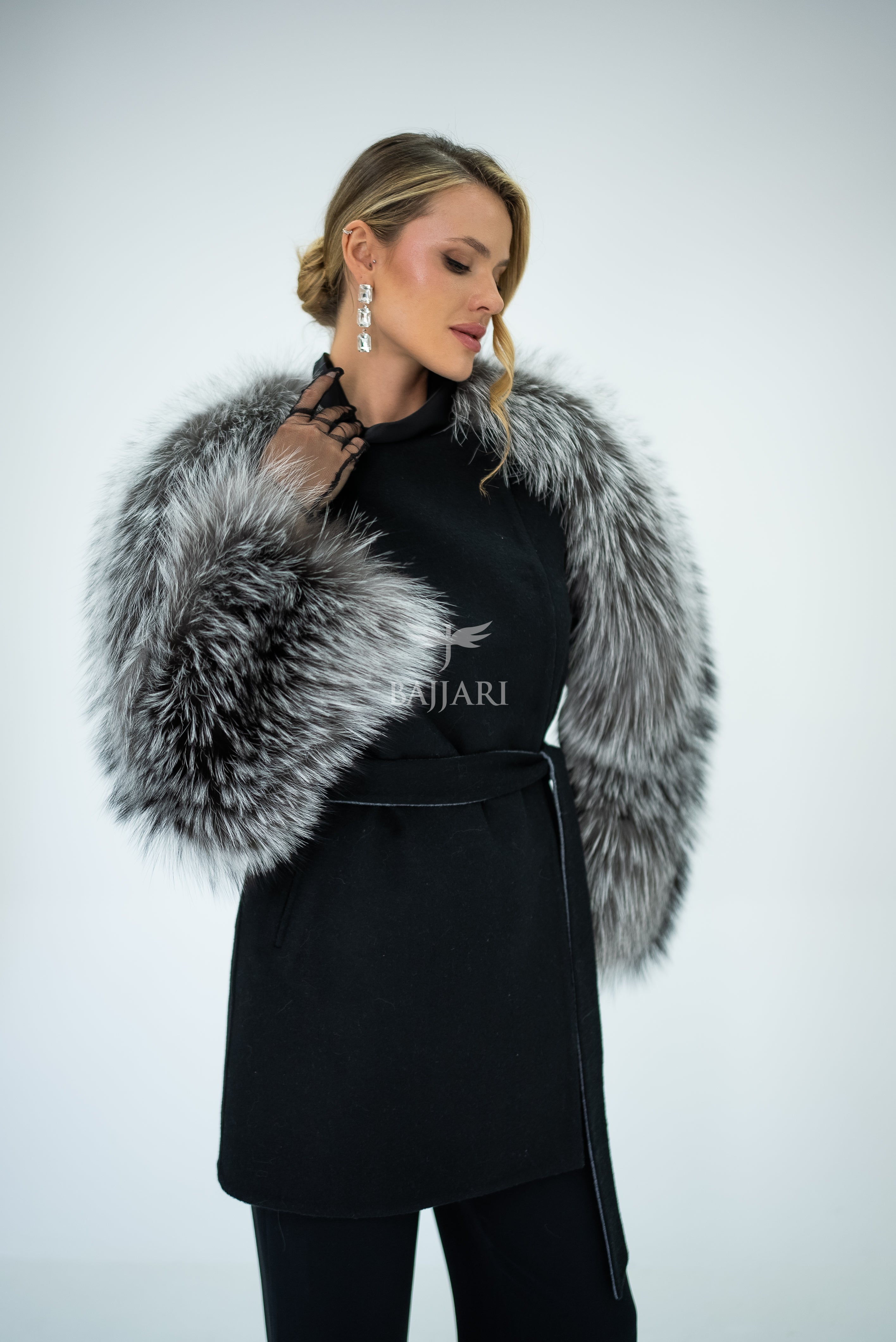 Stylish and Assertive Bajjari Design with Alpaca Llama Wool, Frost Fox Fur Shoulder and Sleeve Details -9584-