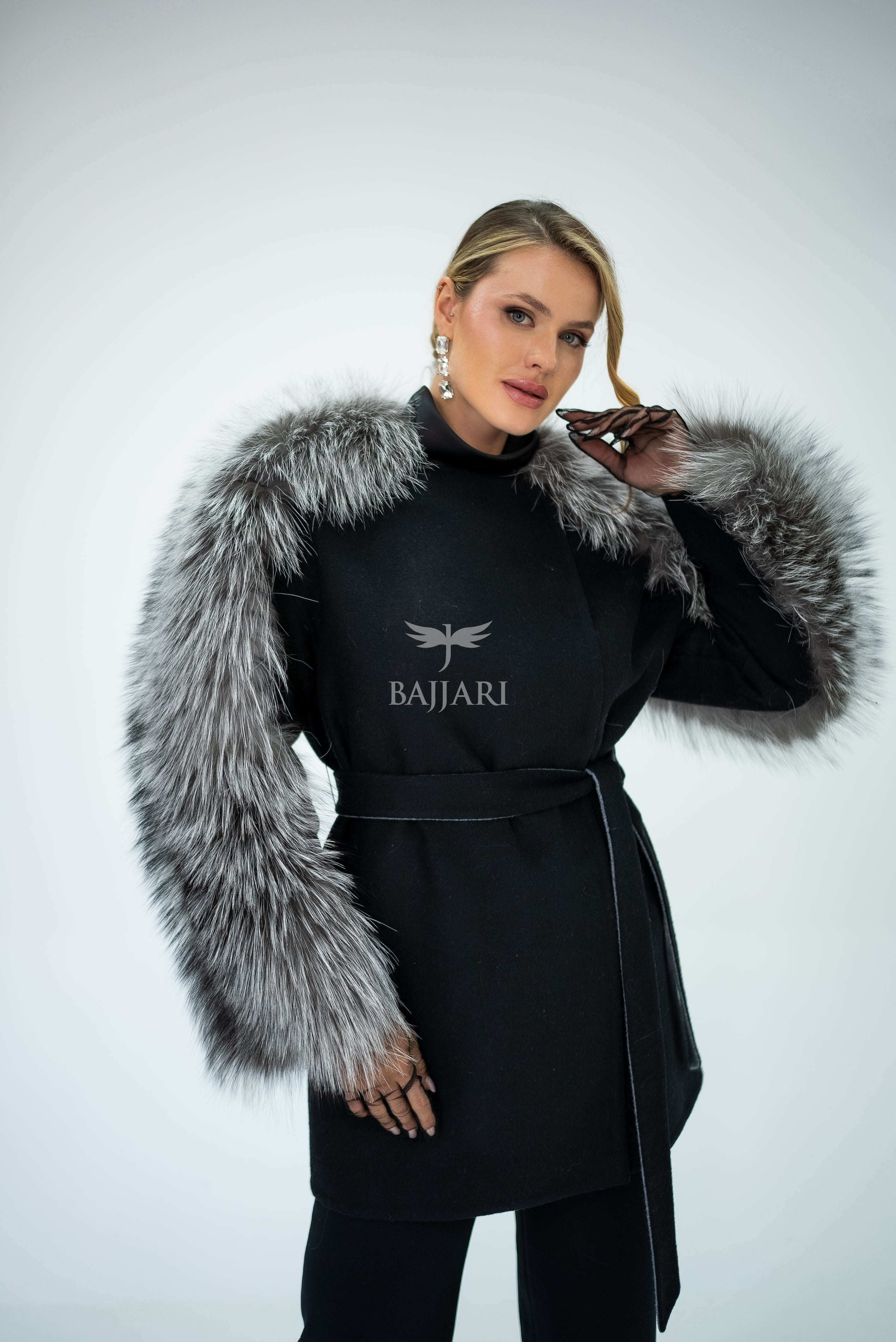 Stylish and Assertive Bajjari Design with Alpaca Llama Wool, Frost Fox Fur Shoulder and Sleeve Details -9584-