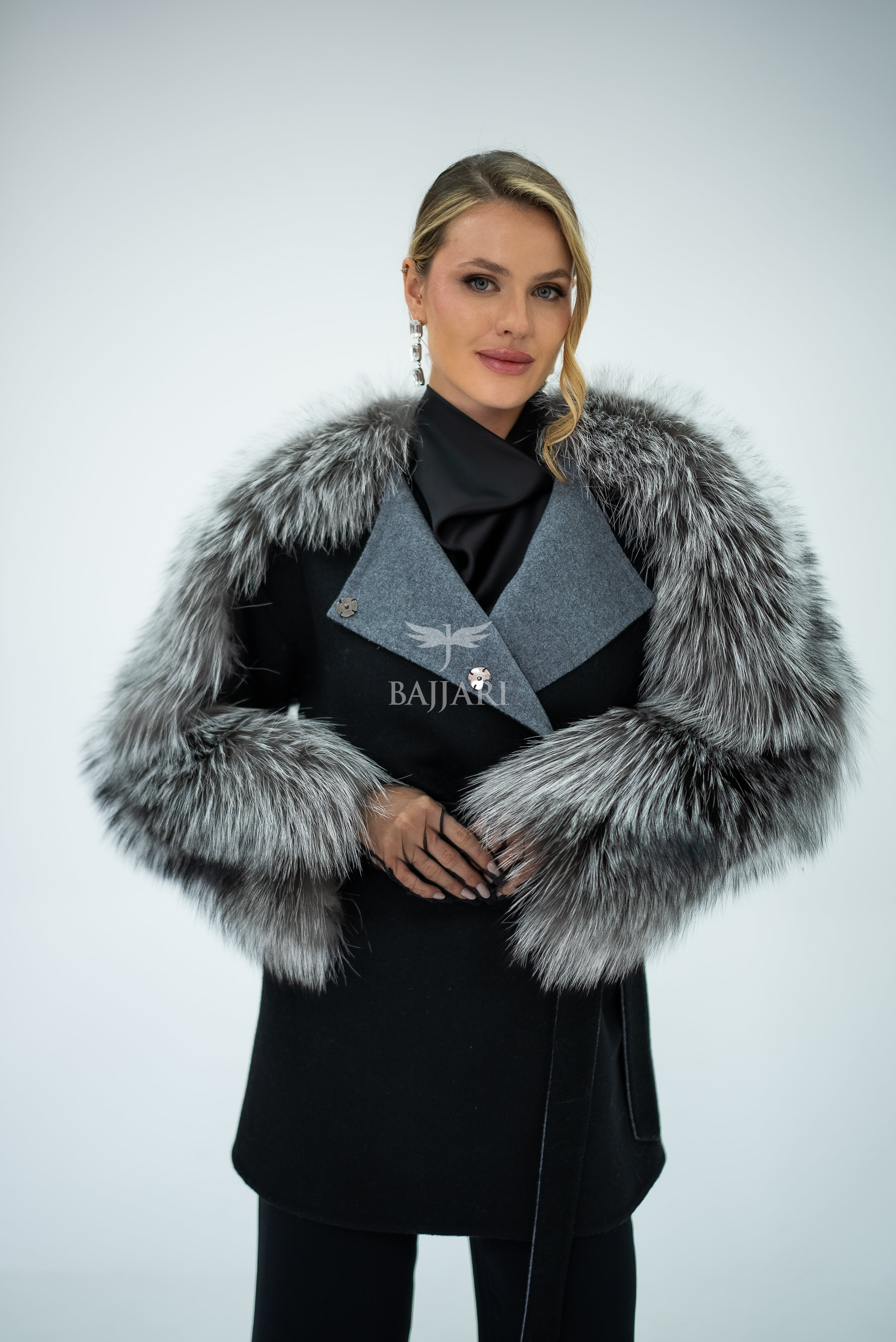 Stylish and Assertive Bajjari Design with Alpaca Llama Wool, Frost Fox Fur Shoulder and Sleeve Details -9584-