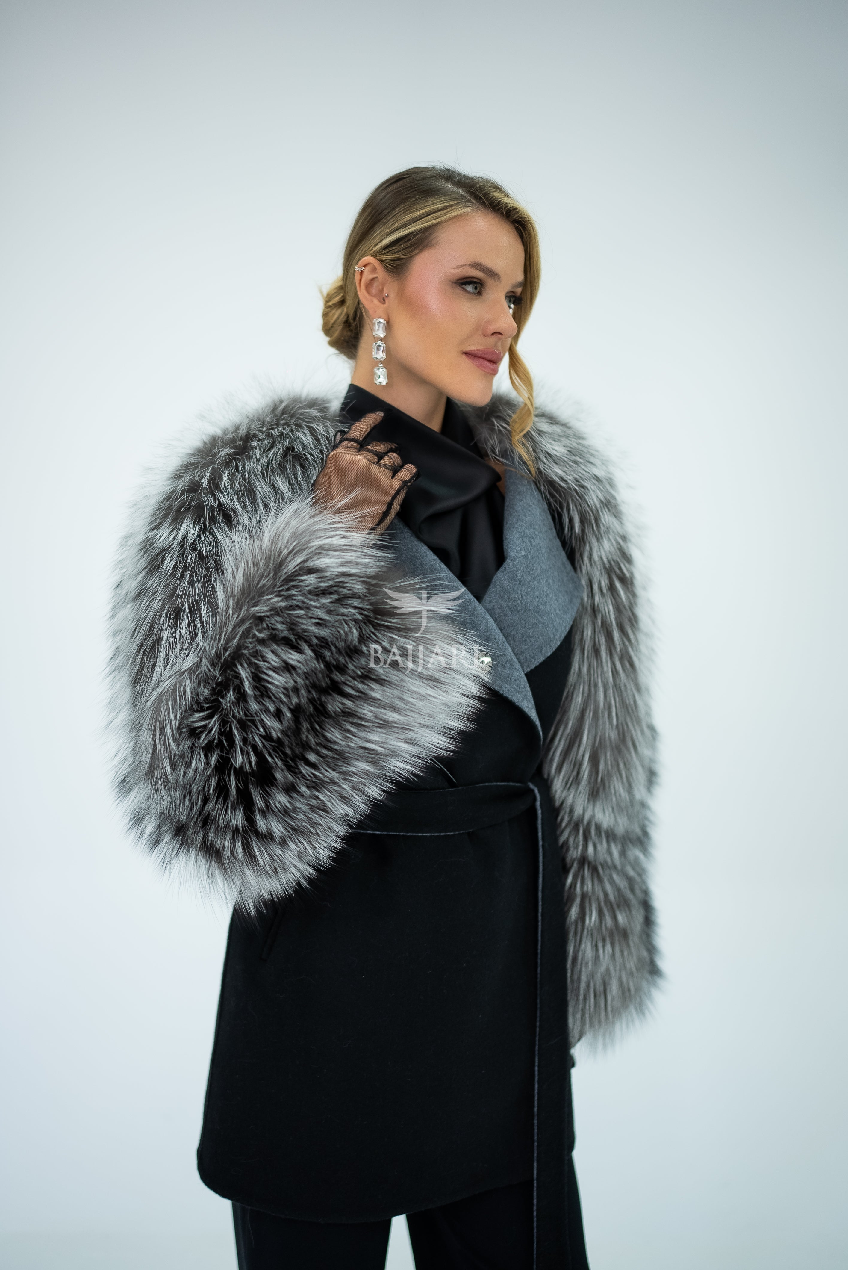Stylish and Assertive Bajjari Design with Alpaca Llama Wool, Frost Fox Fur Shoulder and Sleeve Details -9584-