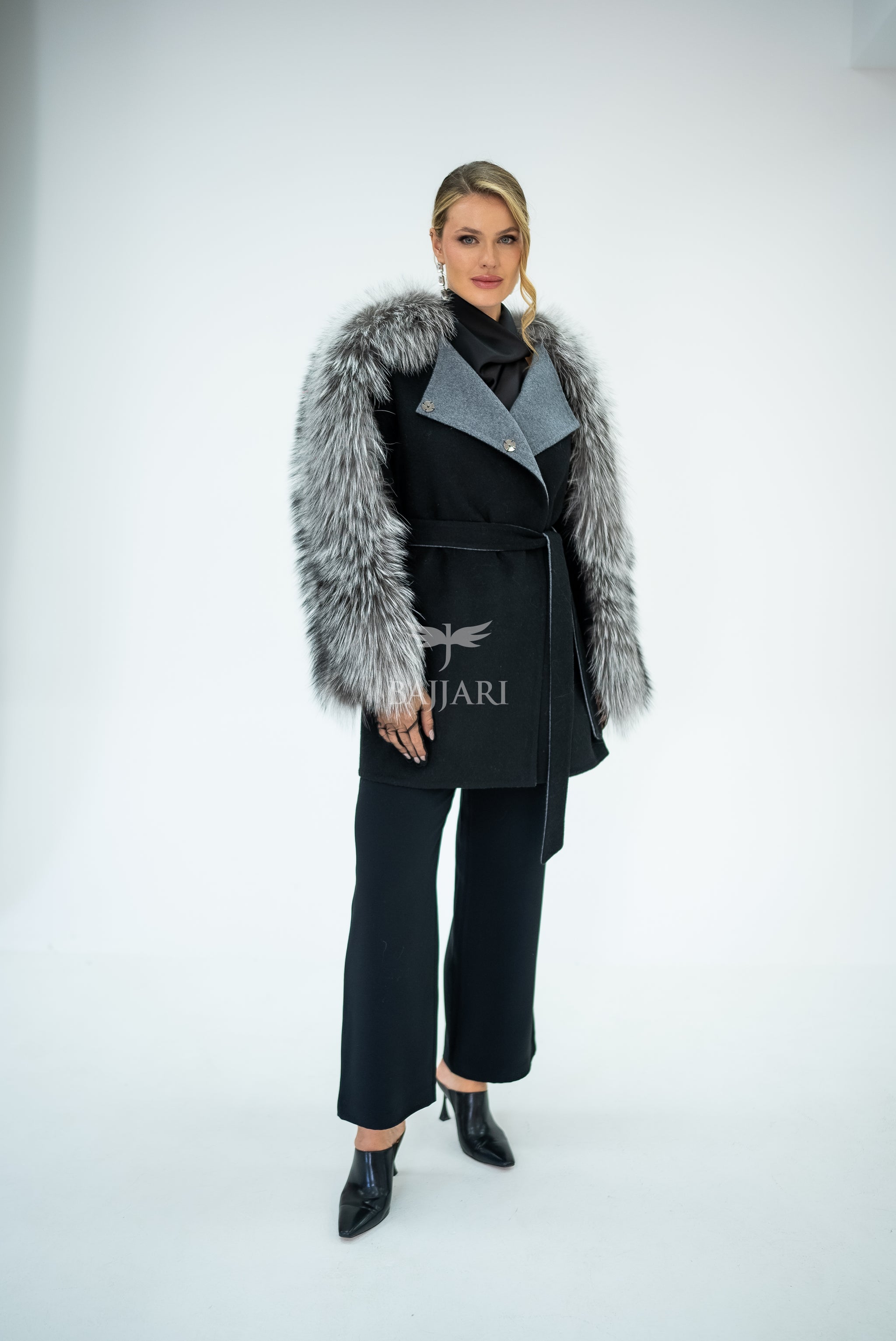 Stylish and Assertive Bajjari Design with Alpaca Llama Wool, Frost Fox Fur Shoulder and Sleeve Details -9584-