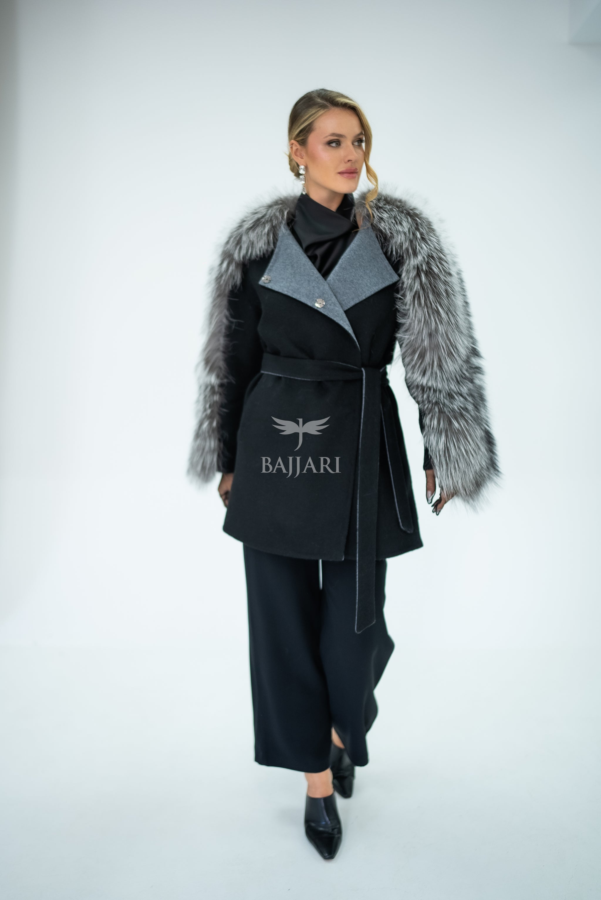 Stylish and Assertive Bajjari Design with Alpaca Llama Wool, Frost Fox Fur Shoulder and Sleeve Details -9584-