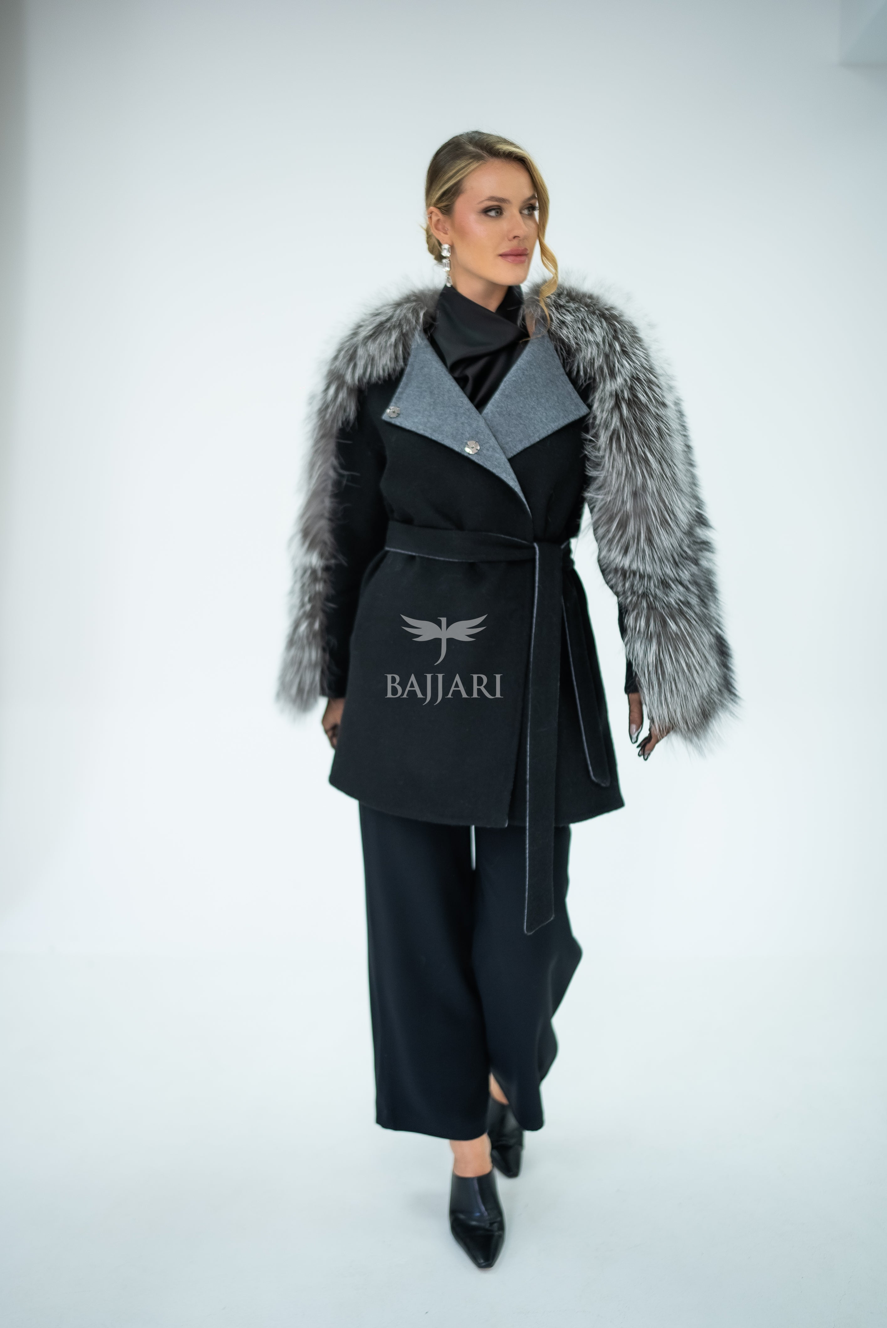 Stylish and Assertive Bajjari Design with Alpaca Llama Wool, Frost Fox Fur Shoulder and Sleeve Details -9584-