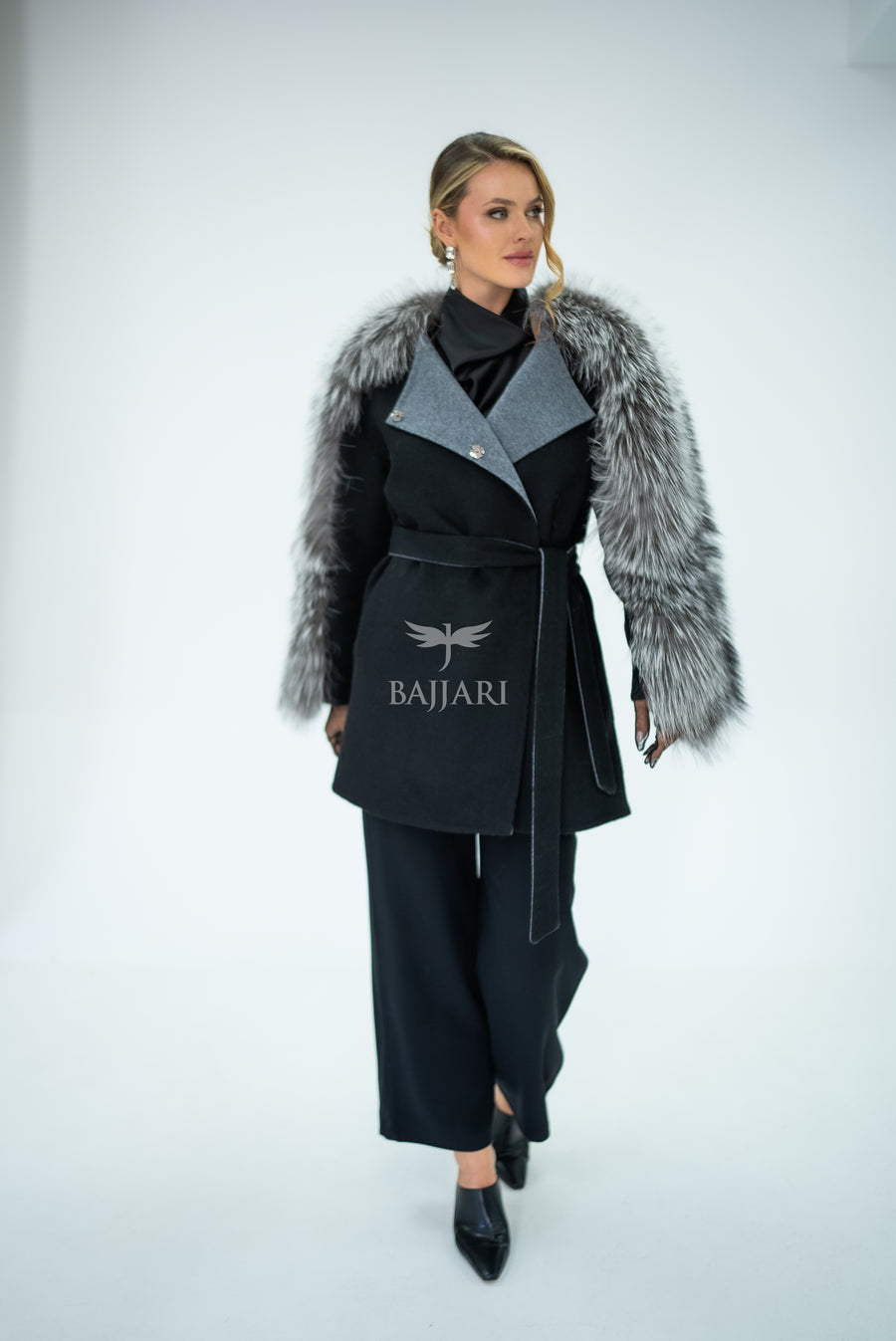 Stylish and Assertive Bajjari Design with Alpaca Llama Wool, Frost Fox Fur Shoulder and Sleeve Details -9584-