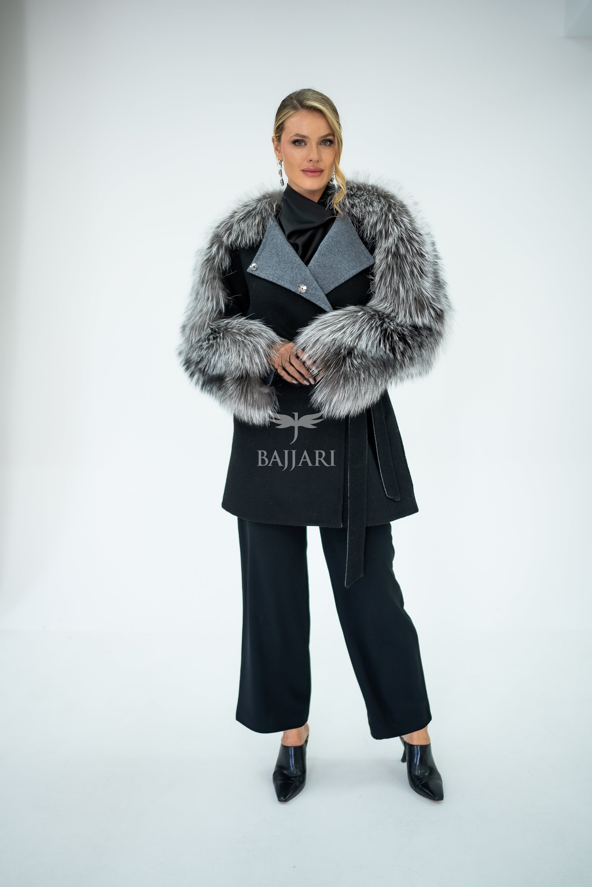 Stylish and Assertive Bajjari Design with Alpaca Llama Wool, Frost Fox Fur Shoulder and Sleeve Details -9584-