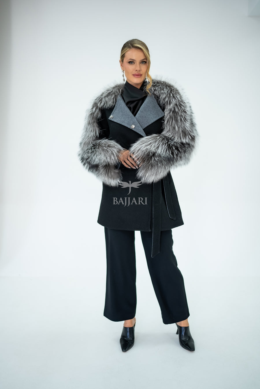 Stylish and Assertive Bajjari Design with Alpaca Llama Wool, Frost Fox Fur Shoulder and Sleeve Details -9584-