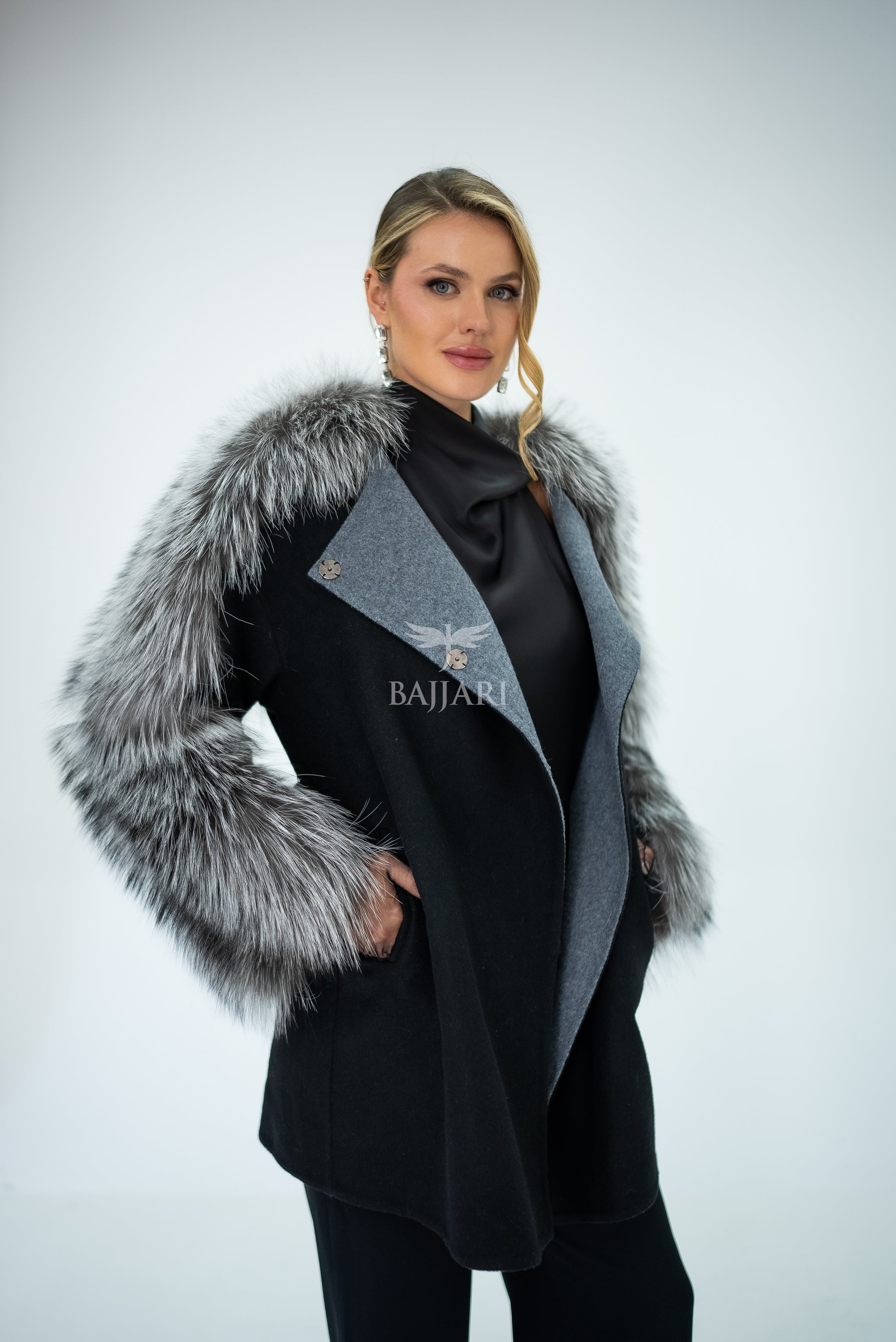 Stylish and Assertive Bajjari Design with Alpaca Llama Wool, Frost Fox Fur Shoulder and Sleeve Details -9584-