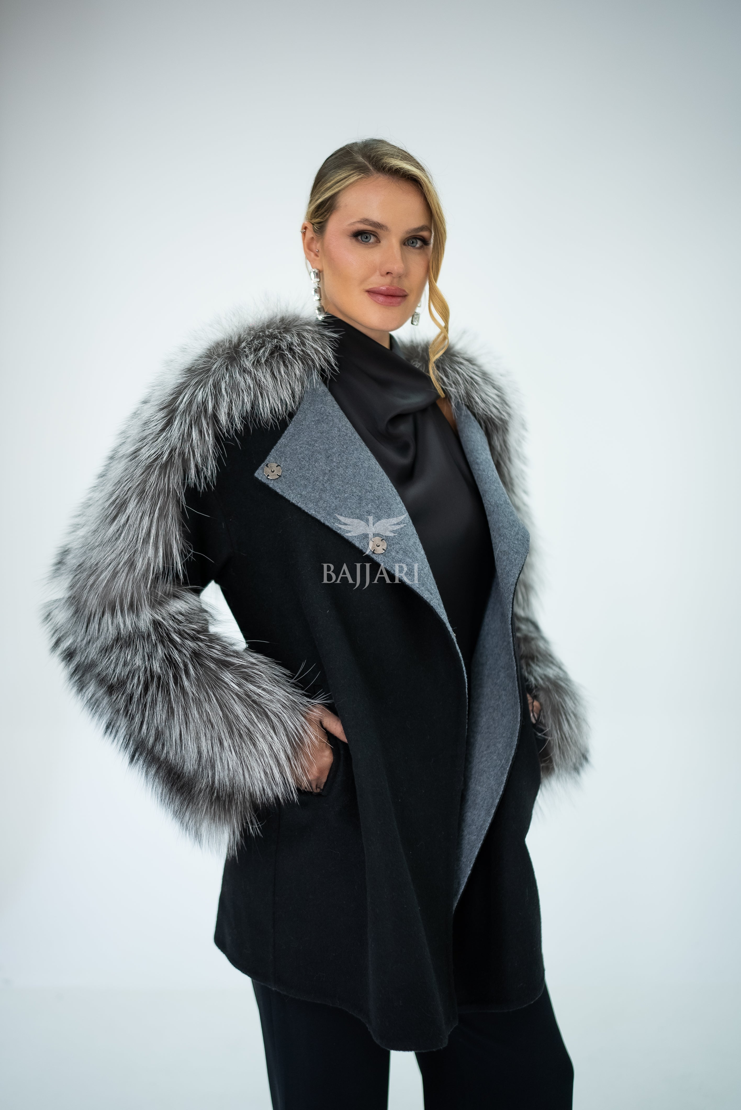 Stylish and Assertive Bajjari Design with Alpaca Llama Wool, Frost Fox Fur Shoulder and Sleeve Details -9584-
