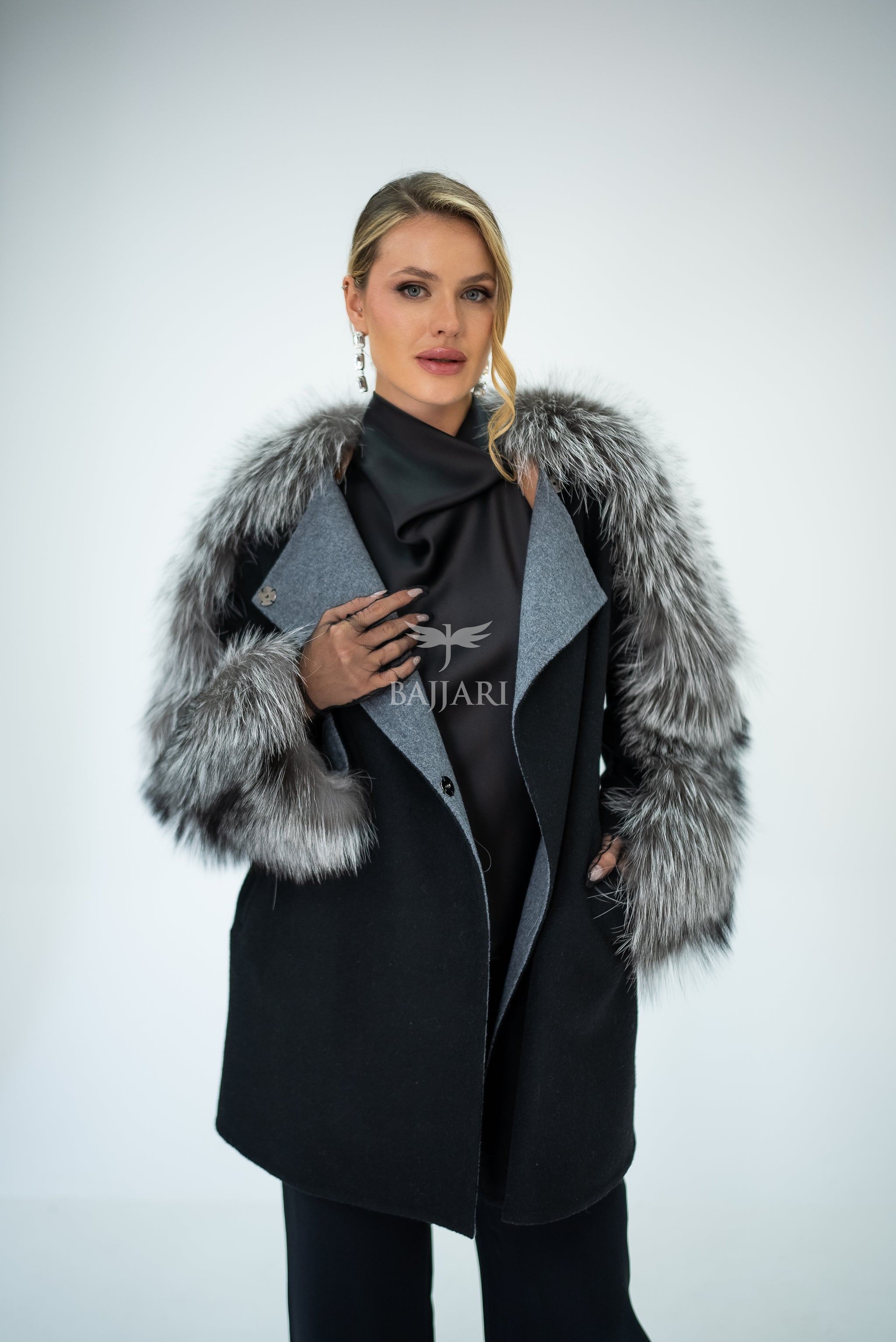 Stylish and Assertive Bajjari Design with Alpaca Llama Wool, Frost Fox Fur Shoulder and Sleeve Details -9584-