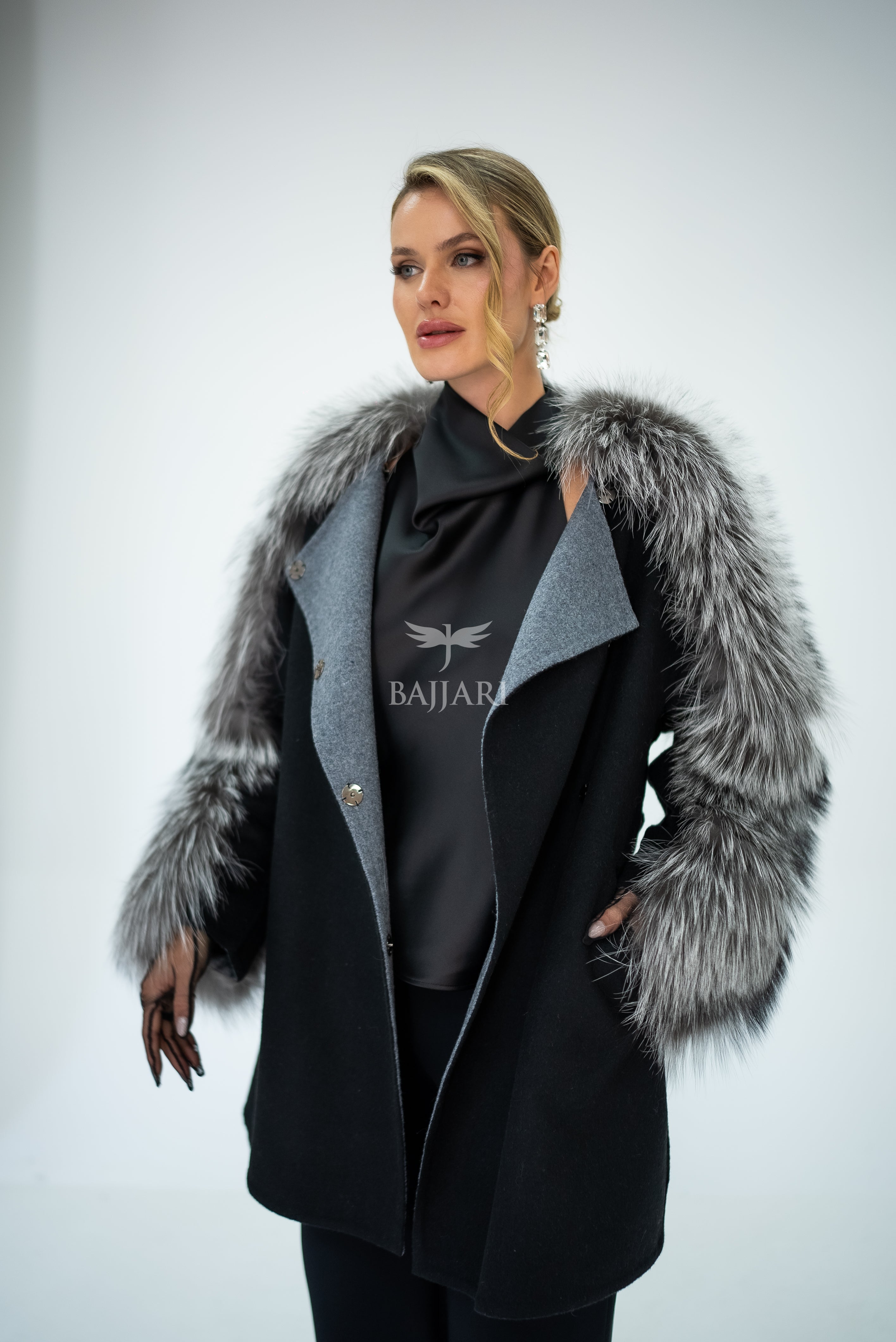 Stylish and Assertive Bajjari Design with Alpaca Llama Wool, Frost Fox Fur Shoulder and Sleeve Details -9584-