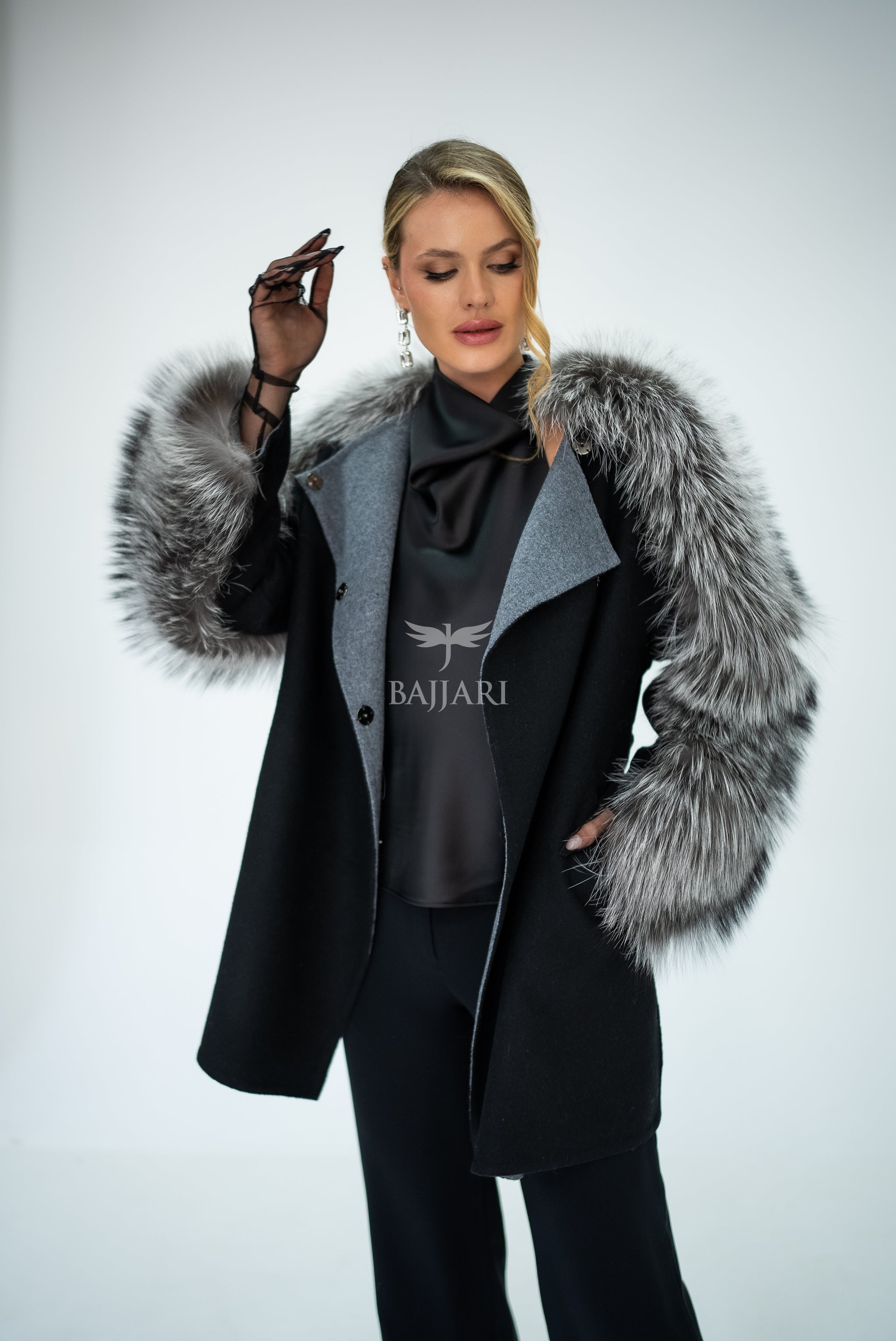 Stylish and Assertive Bajjari Design with Alpaca Llama Wool, Frost Fox Fur Shoulder and Sleeve Details -9584-