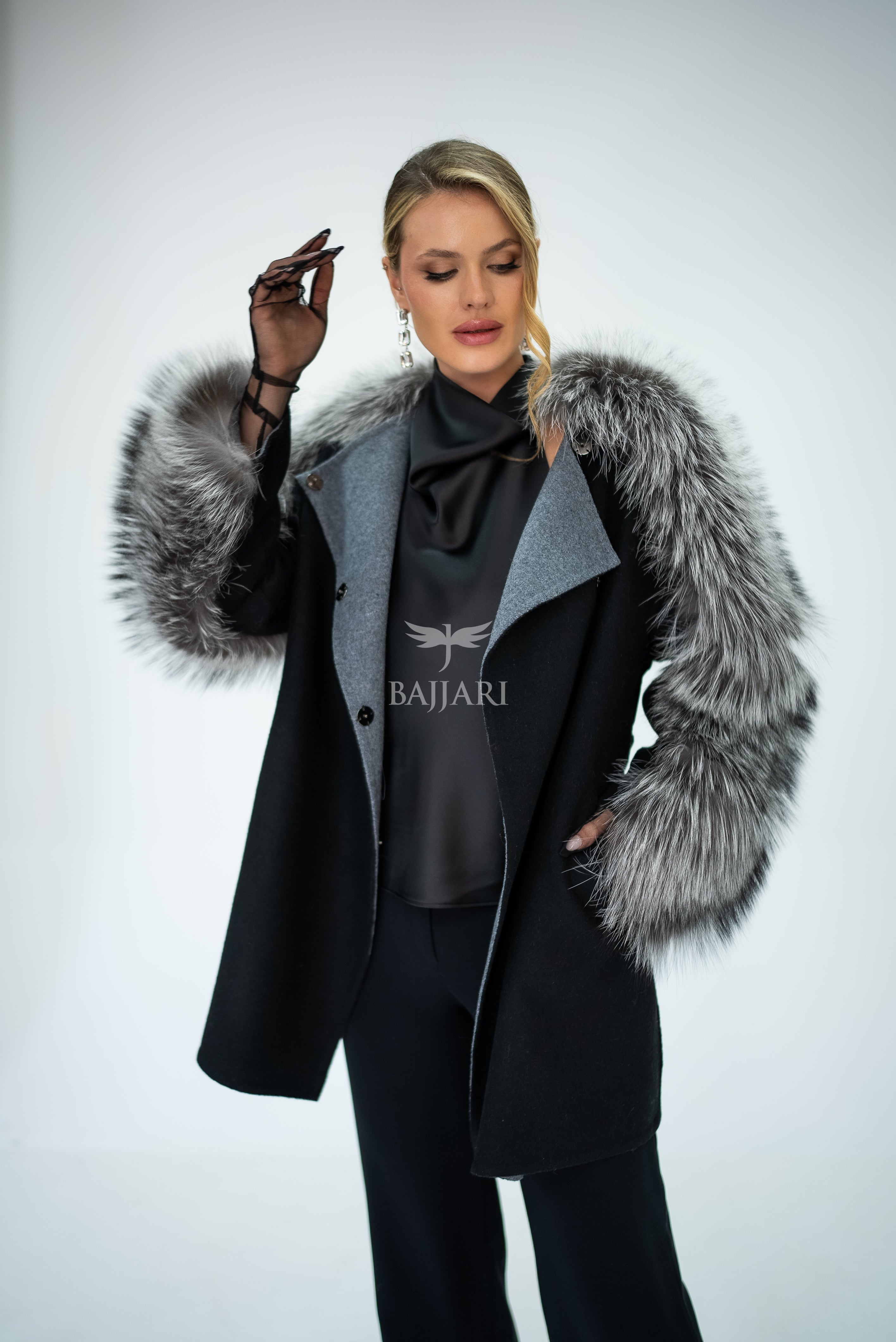 Stylish and Assertive Bajjari Design with Alpaca Llama Wool, Frost Fox Fur Shoulder and Sleeve Details -9584-
