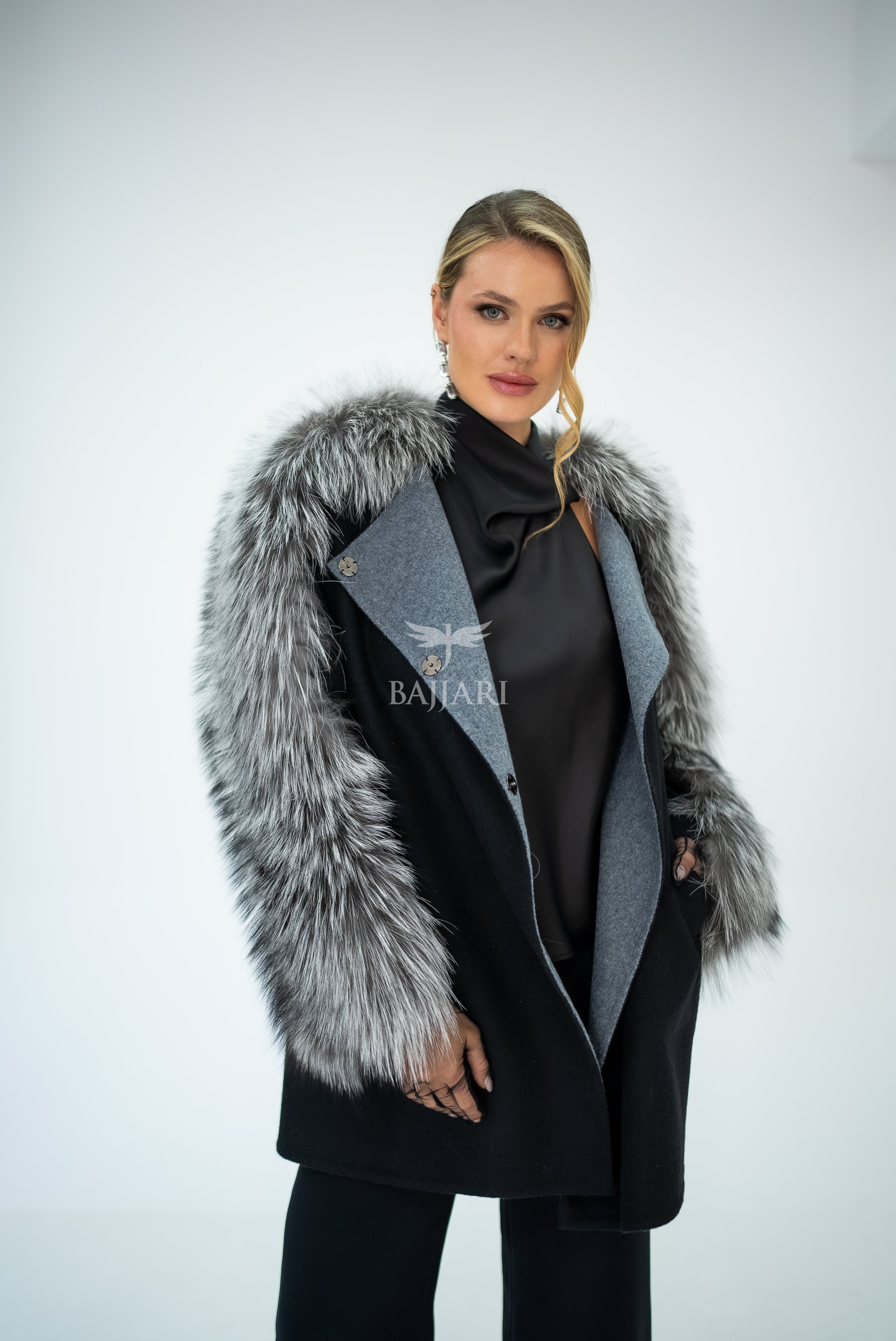 Stylish and Assertive Bajjari Design with Alpaca Llama Wool, Frost Fox Fur Shoulder and Sleeve Details -9584-