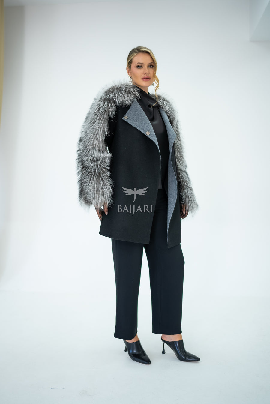 Stylish and Assertive Bajjari Design with Alpaca Llama Wool, Frost Fox Fur Shoulder and Sleeve Details -9584-