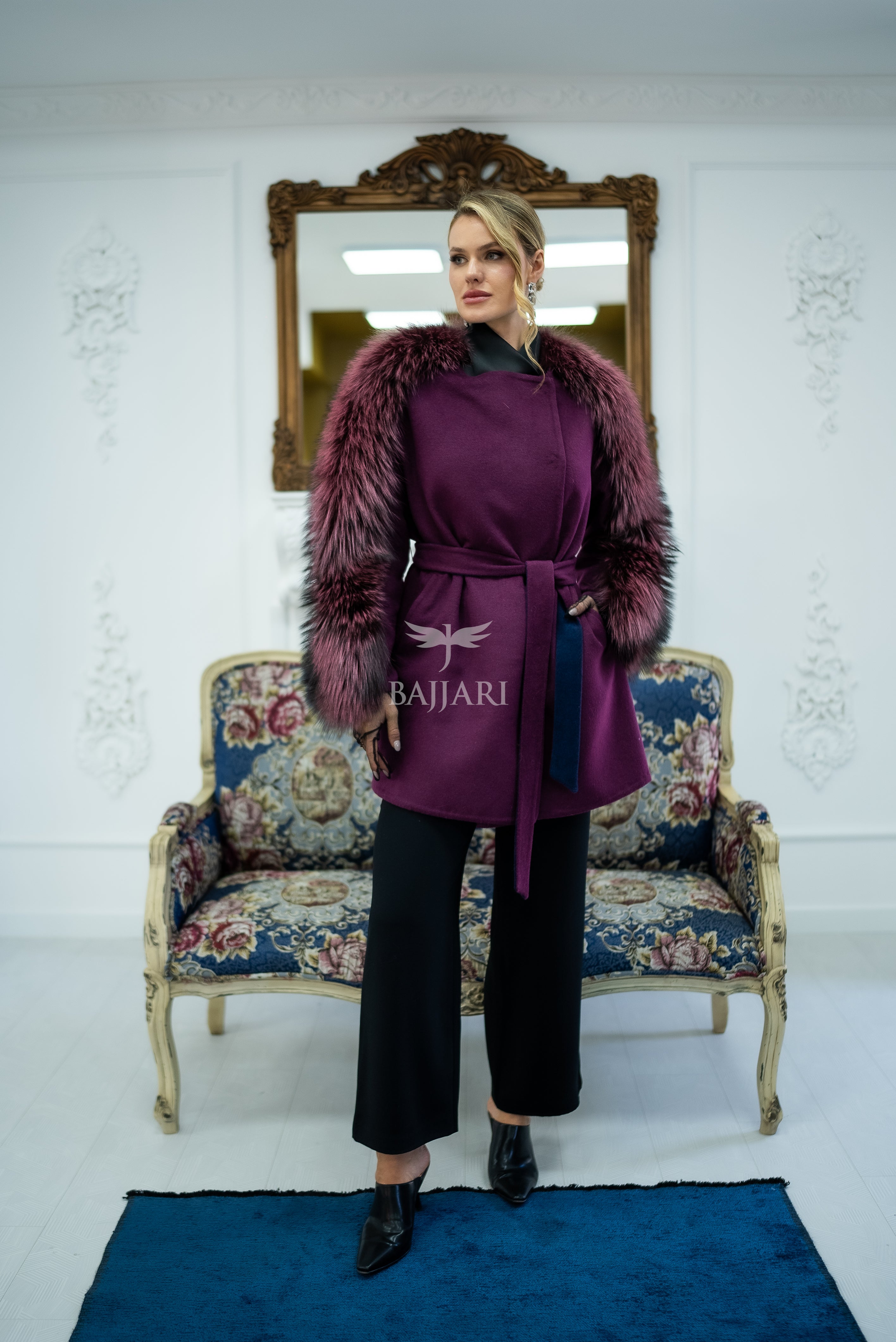 Stylish and Assertive Bajjari Design with Alpaca Llama Wool, Frost Fox Fur Shoulder and Sleeve Details -9584-